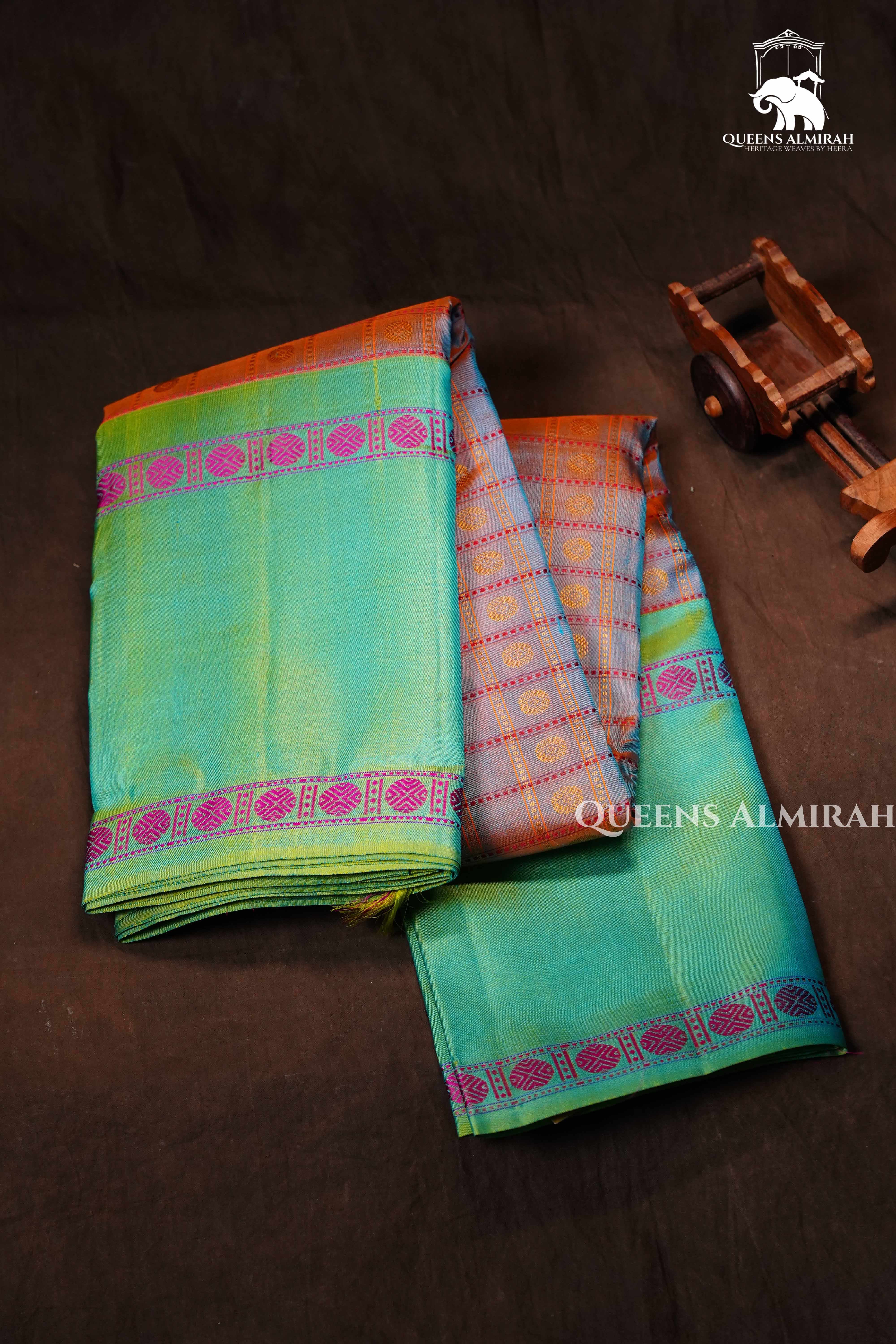 Dual Shade Of Peachish Orange With Sea Green Pure Kanchivaram Silk Saree