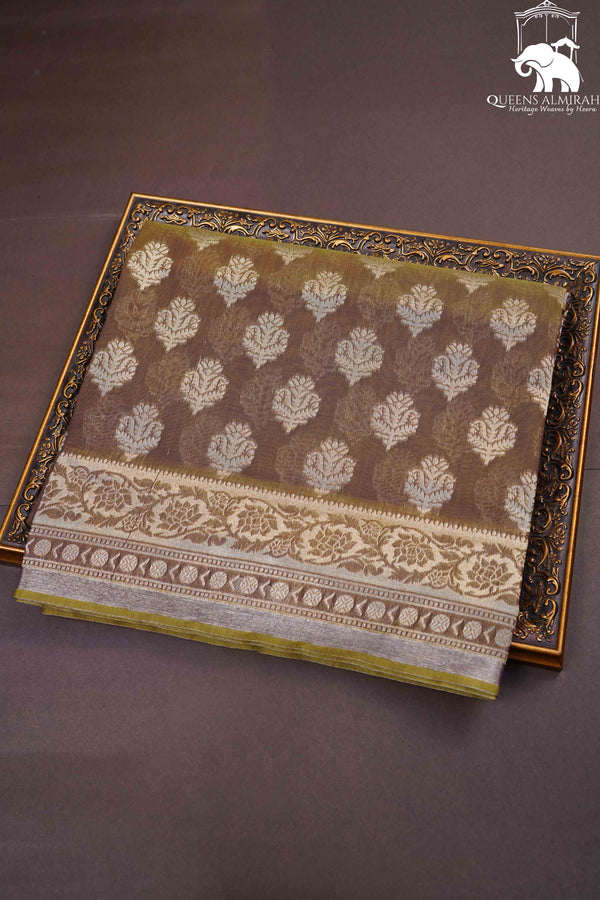 BROWNISH PURE BANARASI SILK COTTON SAREE - Queens Jewel Emporium