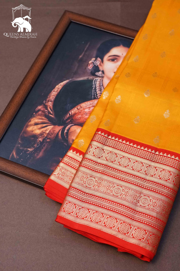 MANGO YELLOW WITH RED PURE KANCHIVARAM SILK SAREE - Queens Jewel Emporium