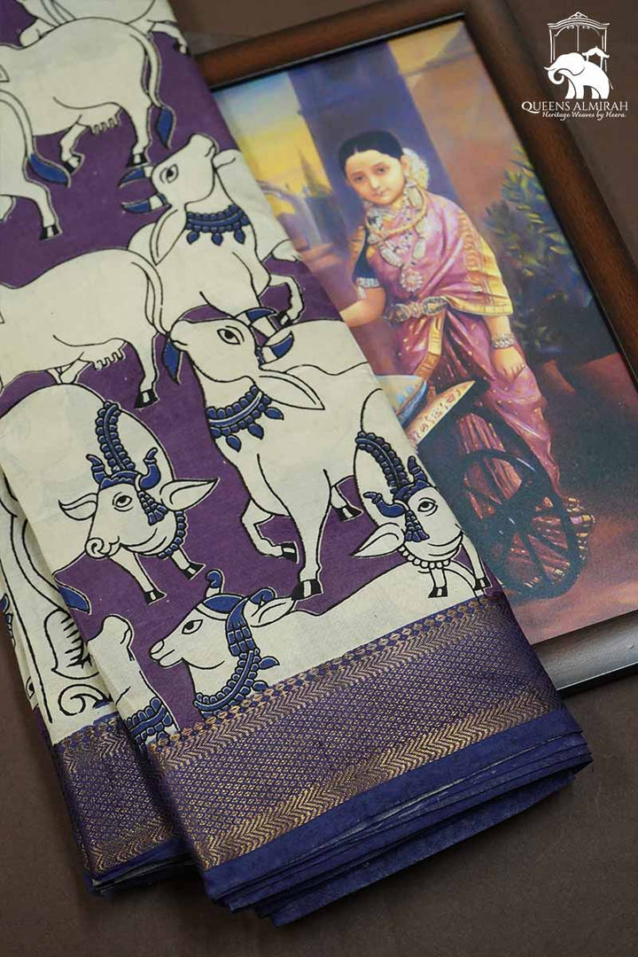 MUTED PURPLE WITH DUSKY BLUE MANGALGIRI SAREE - Queens Jewel Emporium