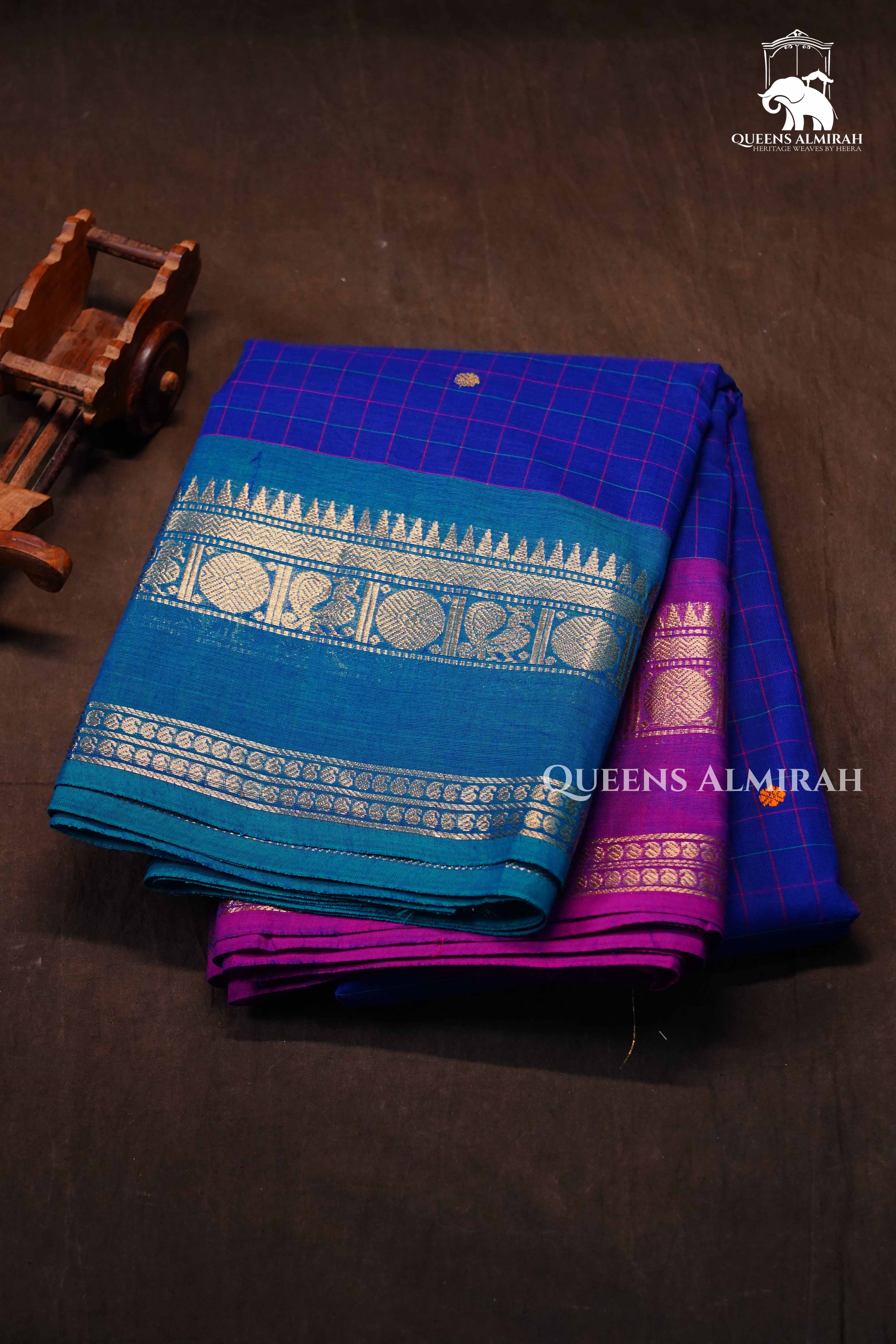 Ink Blue With Purple And Sea Blue Kanchi Cotton Saree