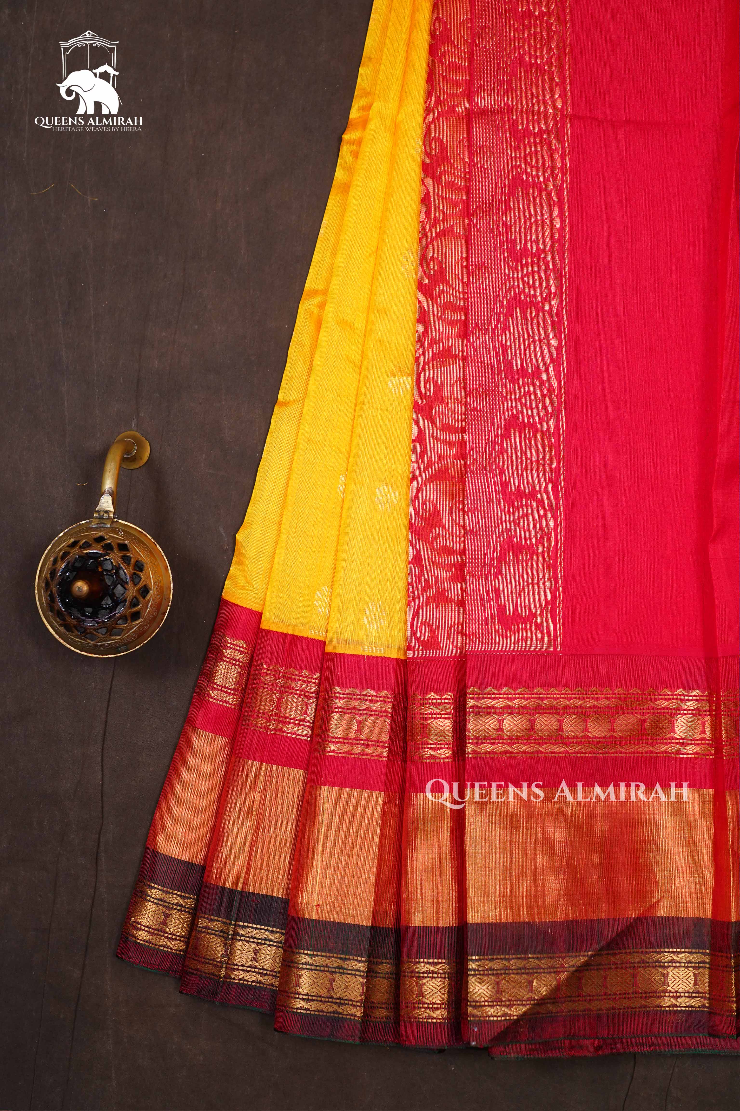 Mango Yellow With Red And Black Border Pure Kanchi Silk Cotton Saree