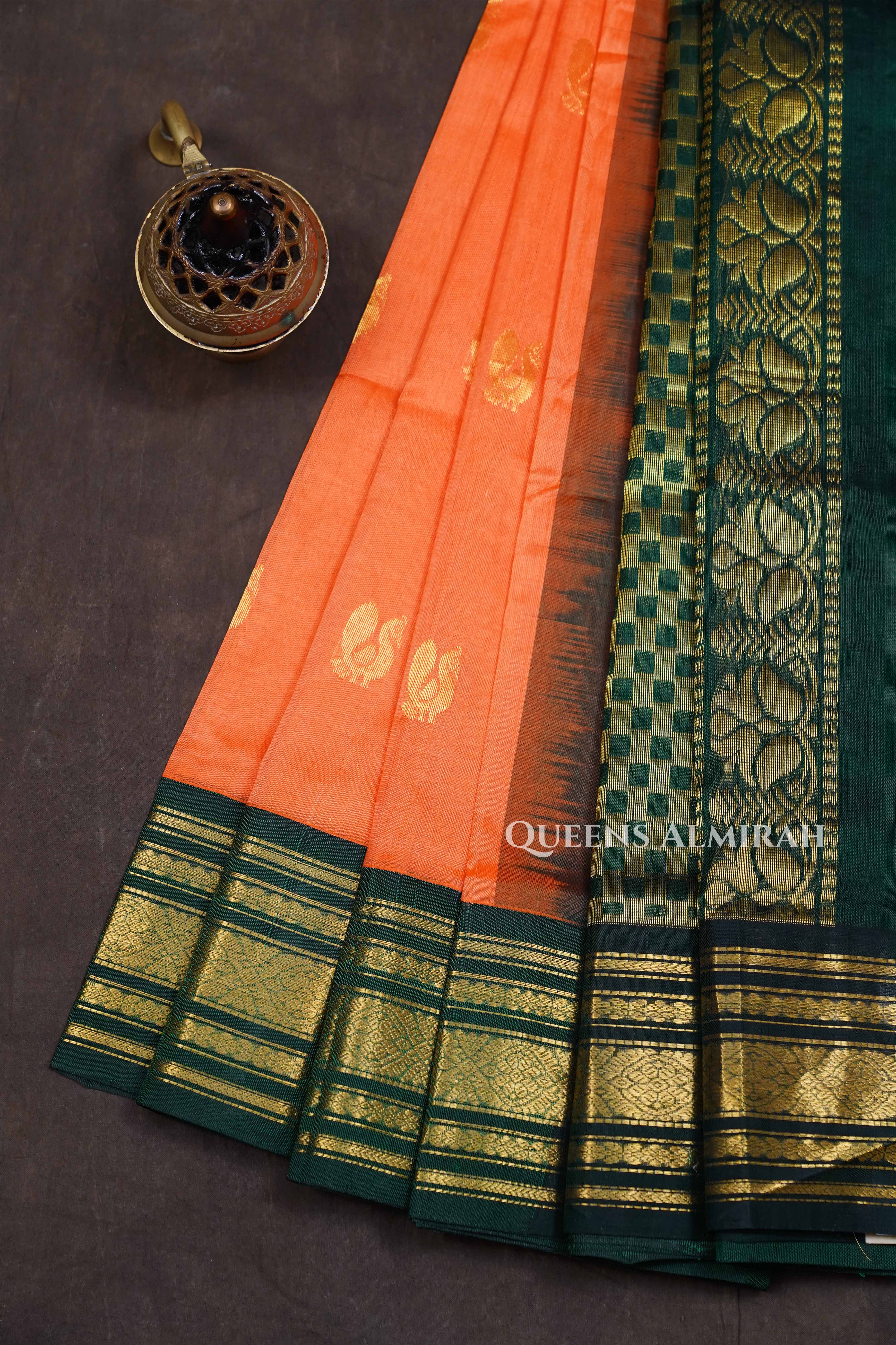 Orange With Green Pure Silk Cotton Saree