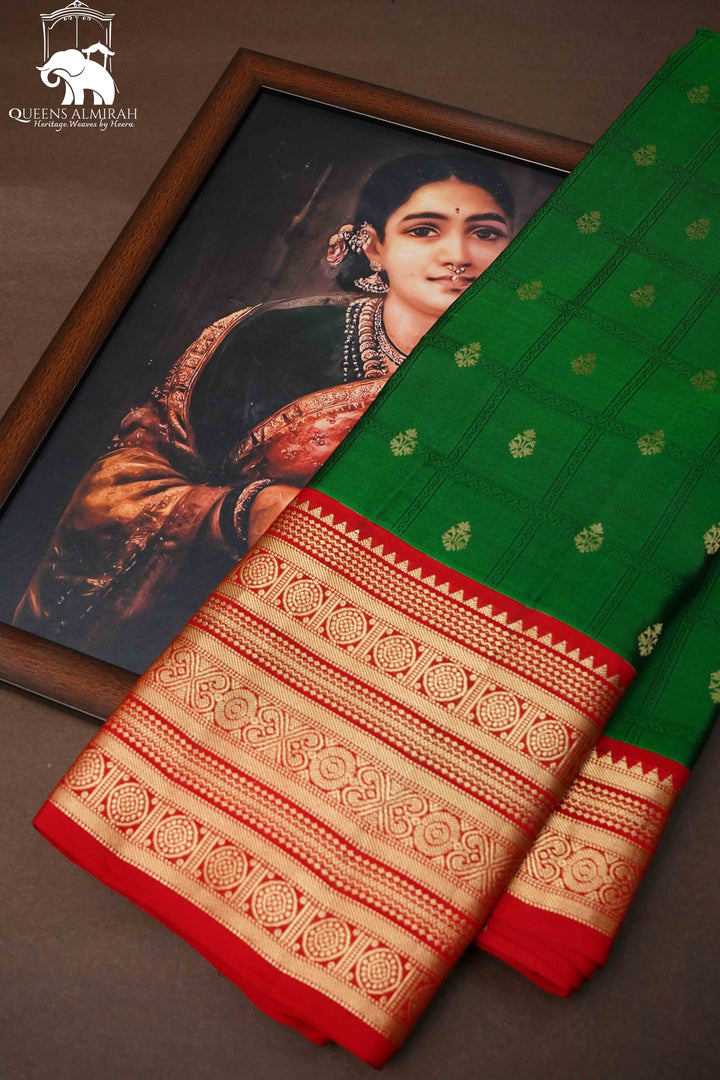 LEAF GREEN WITH RED PURE KANCHIVARAM SILK SAREE - Queens Jewel Emporium