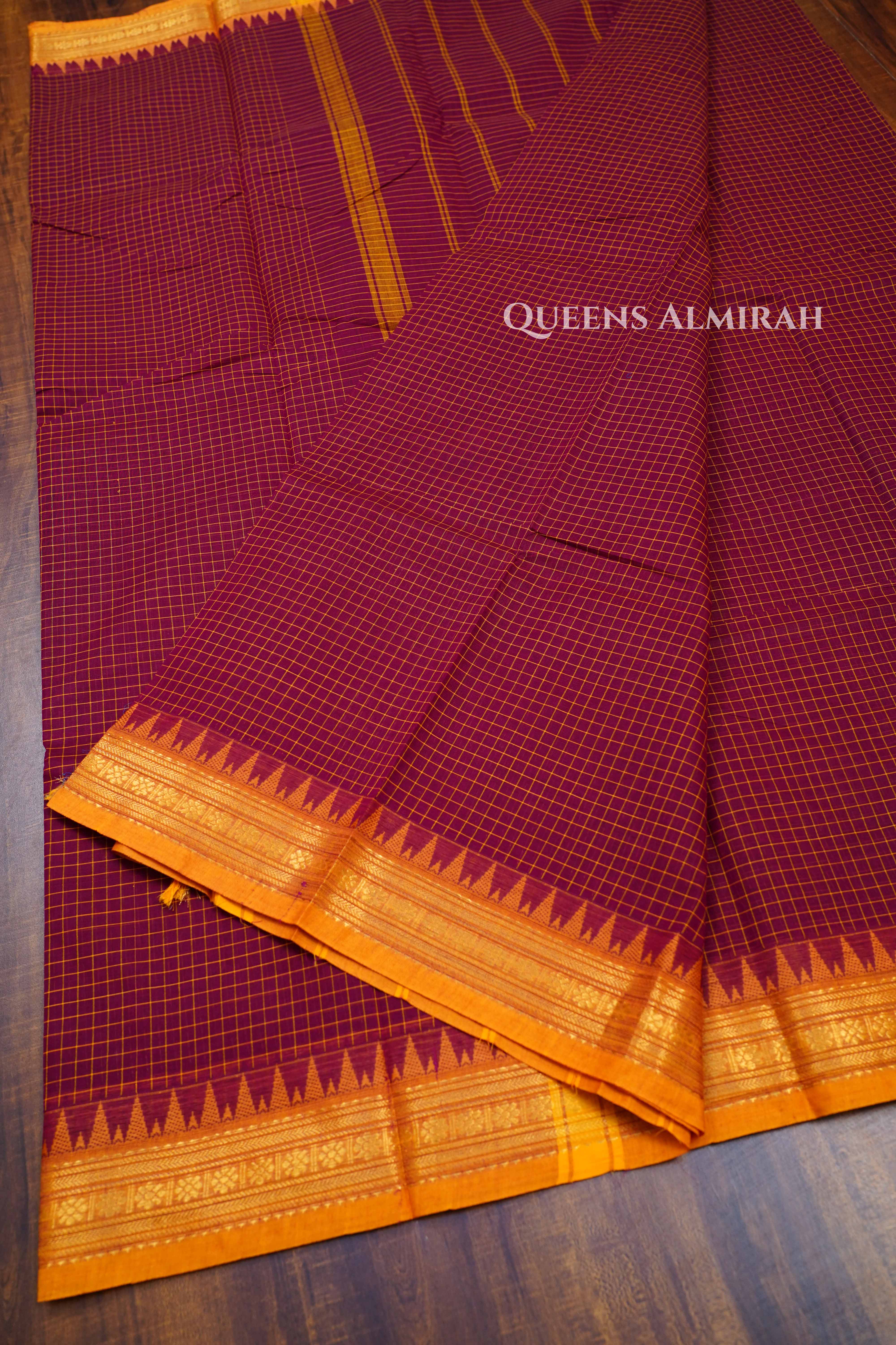 Maroon With Mustard Yellow Kanchi Cotton Saree
