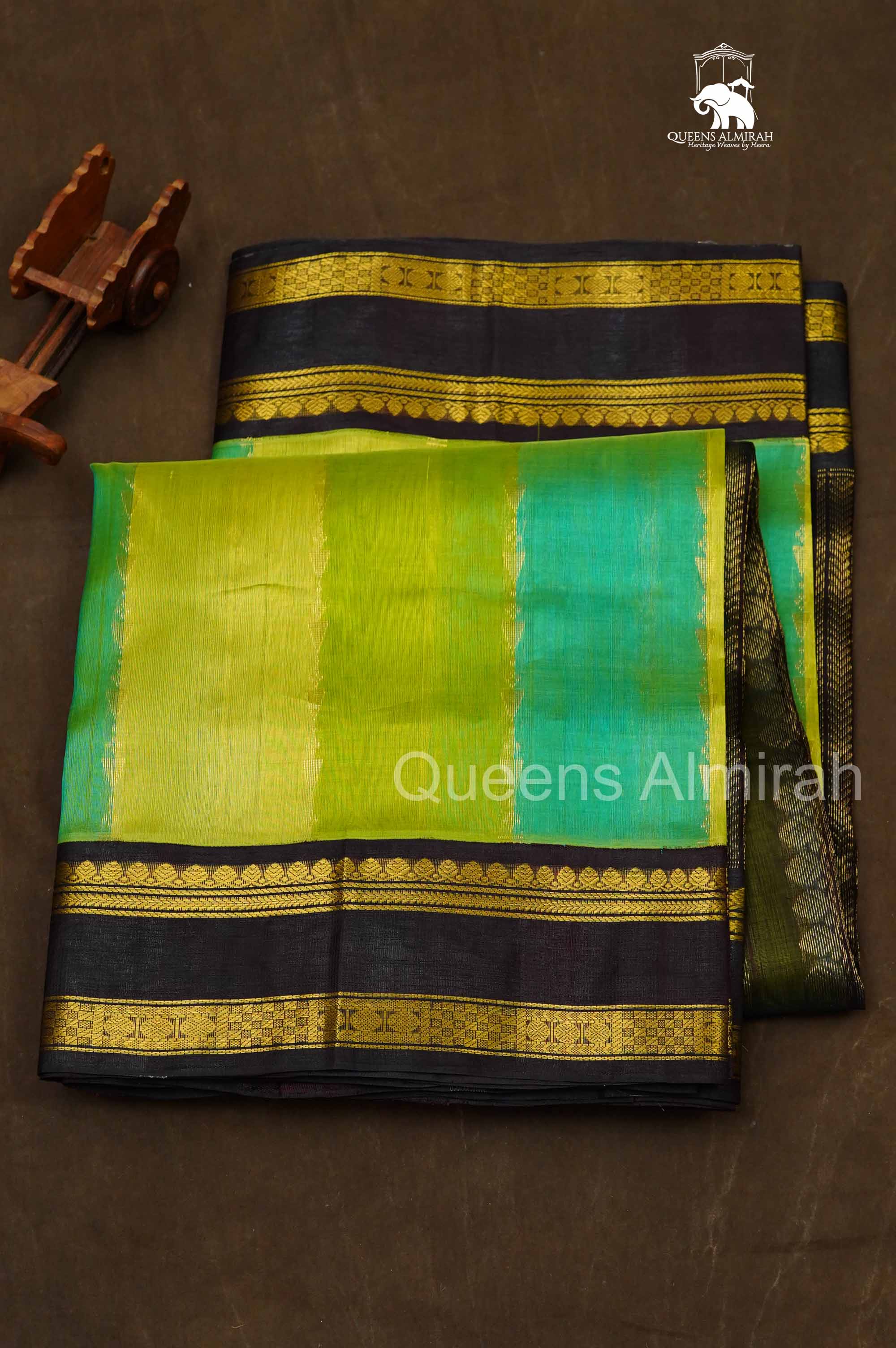 Multi Color With Black Gap Border Pure Silk Cotton Saree