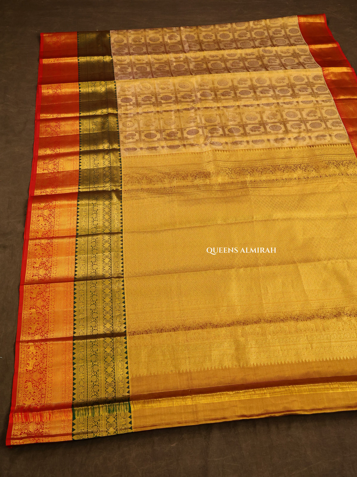 Golden With Red And Green Pure Kanchivaram Silk Saree