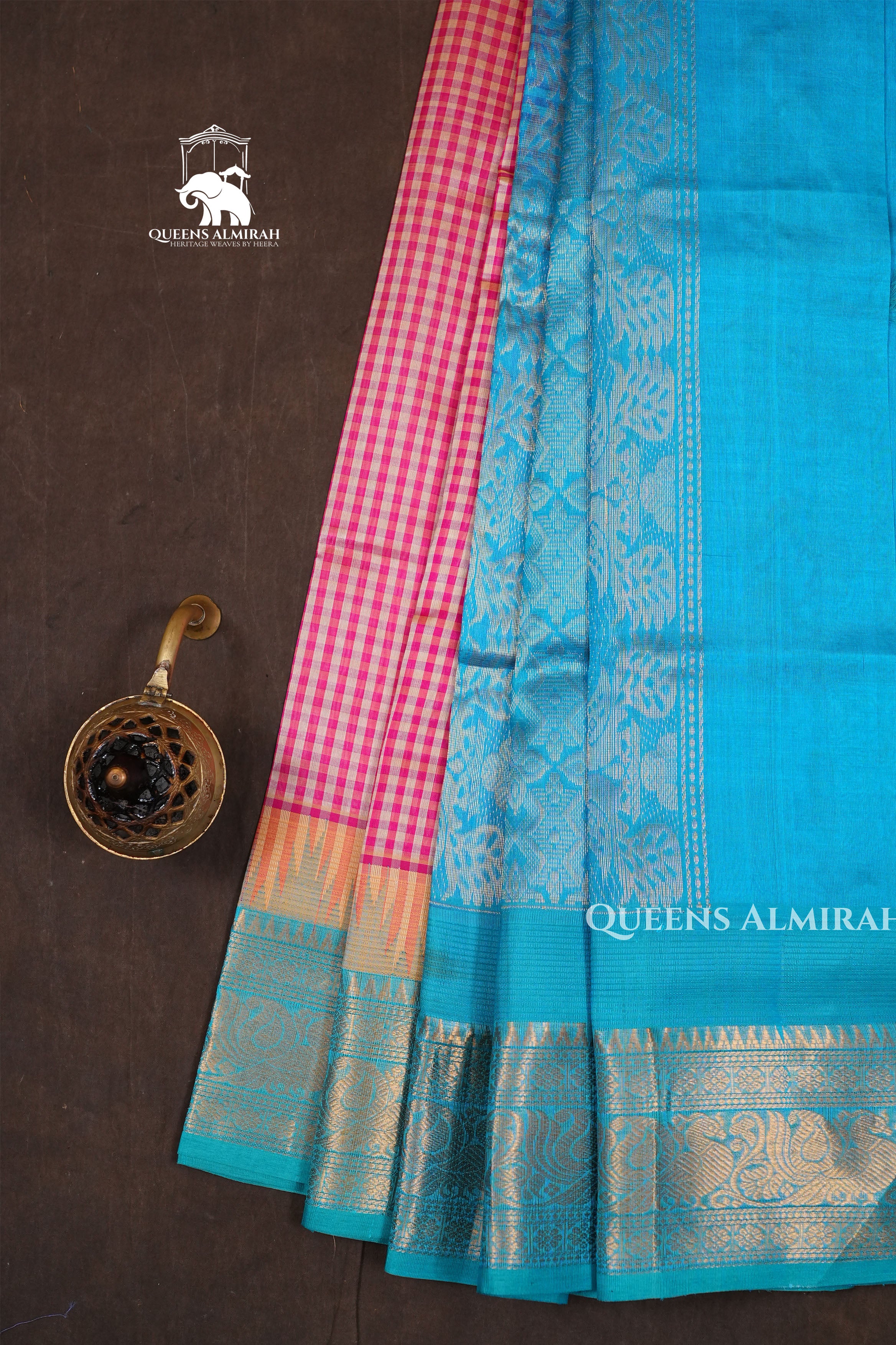 White And Red Checked With Blue Pure Silk Cotton Saree