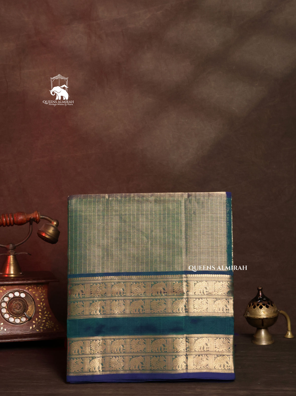 Golden With Peacock Blue Chettinad Silk Cotton Saree
