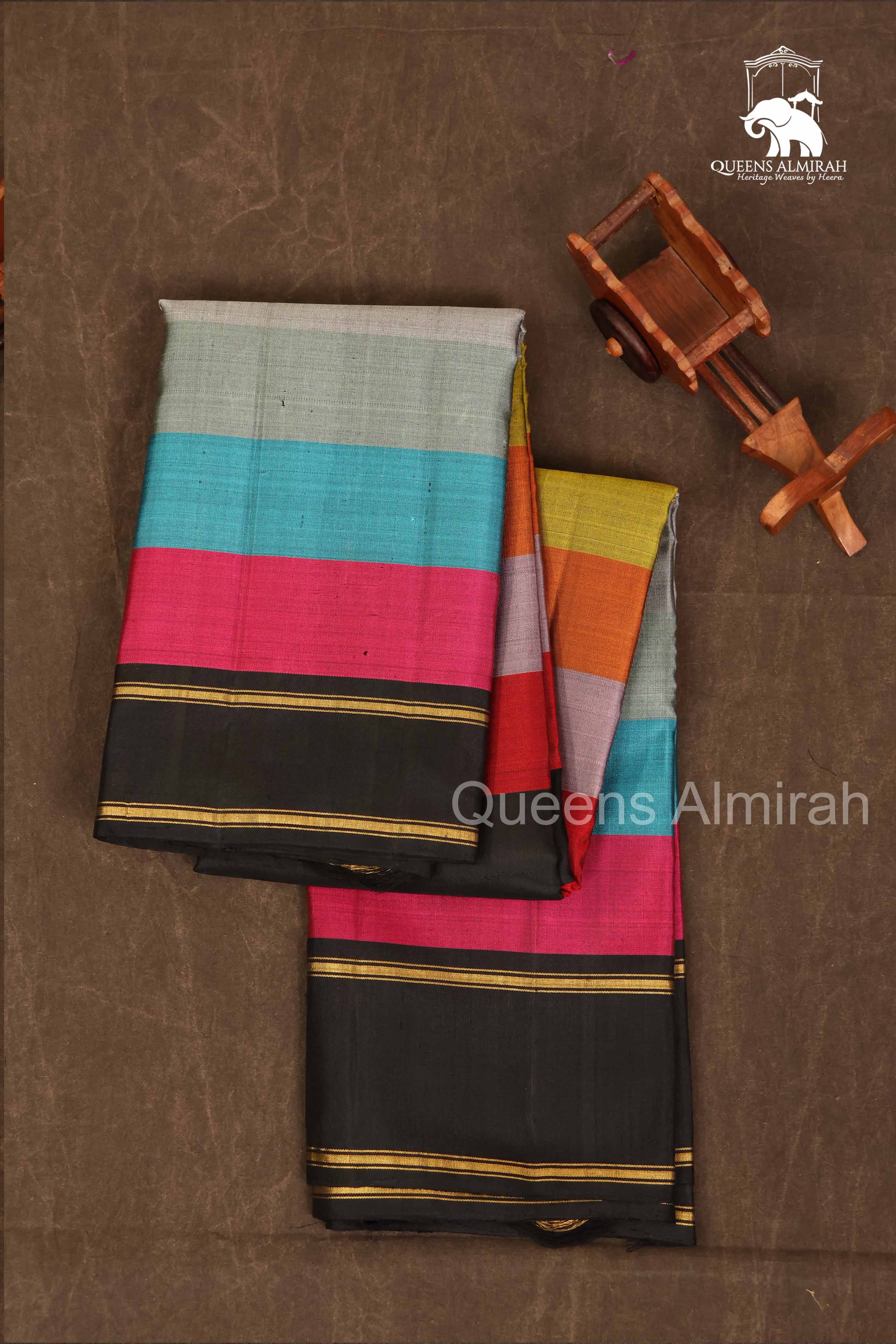 Multi Color With Black Gap Border Pure Kanchivaram Silk Saree