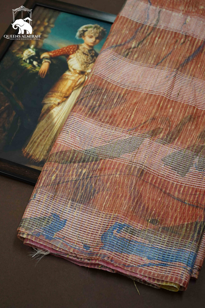 PINKISH BROWN  MARBLE PRINT GHICHA ORAGANZA SAREE - Queens Jewel Emporium