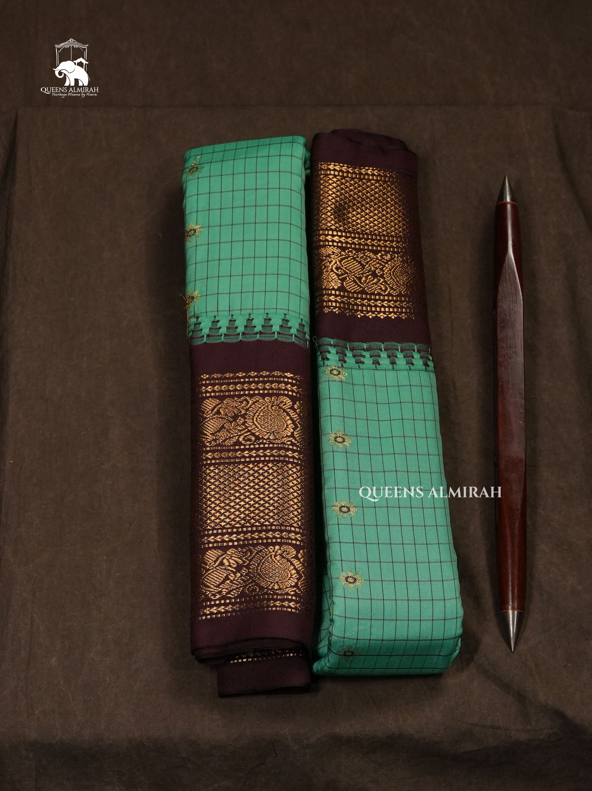 Sea Green Kattam With Brown Semi Gadwal Silk Saree