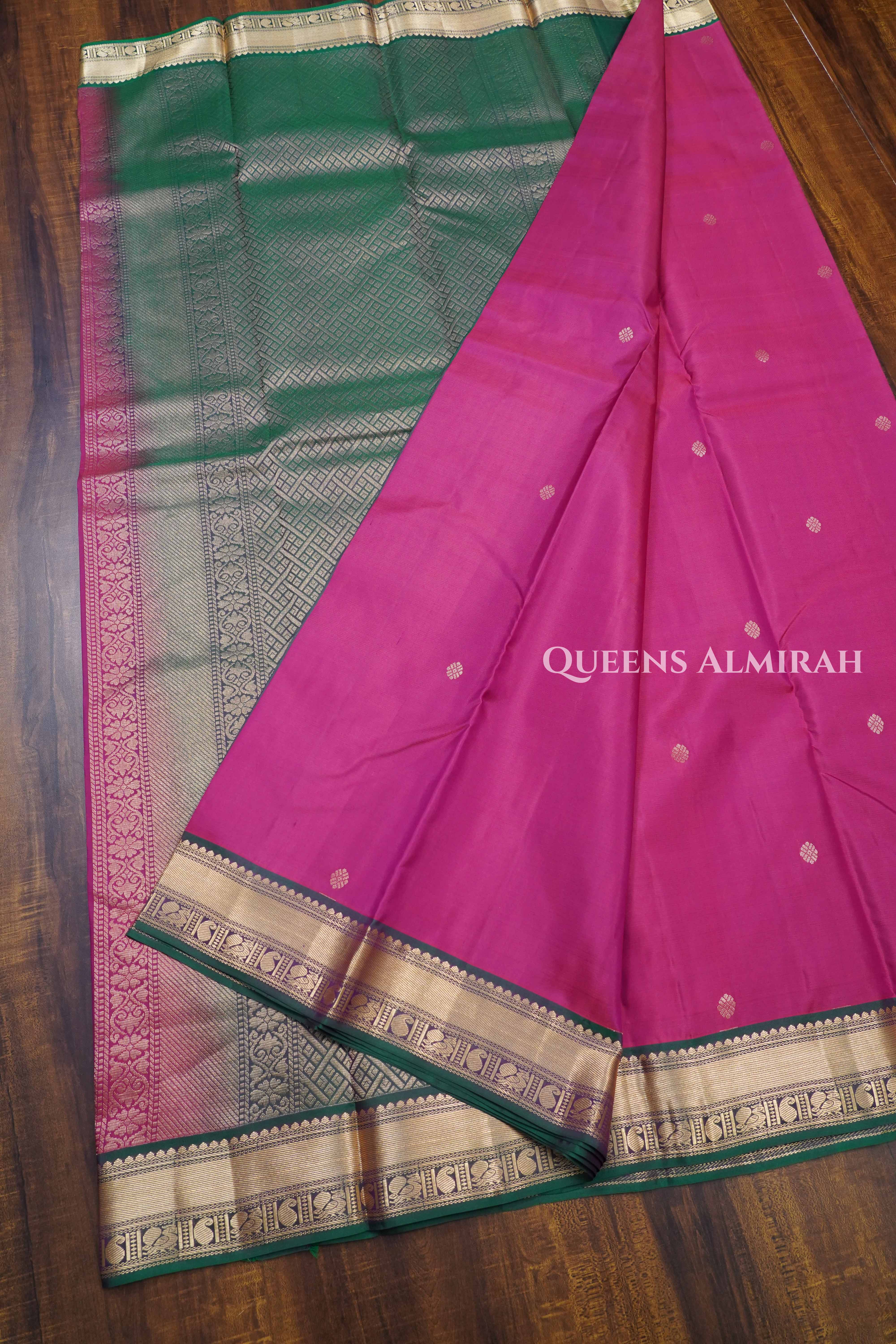 Lotus Pink With Leaf Green Pure Kanchivaram Silk Saree