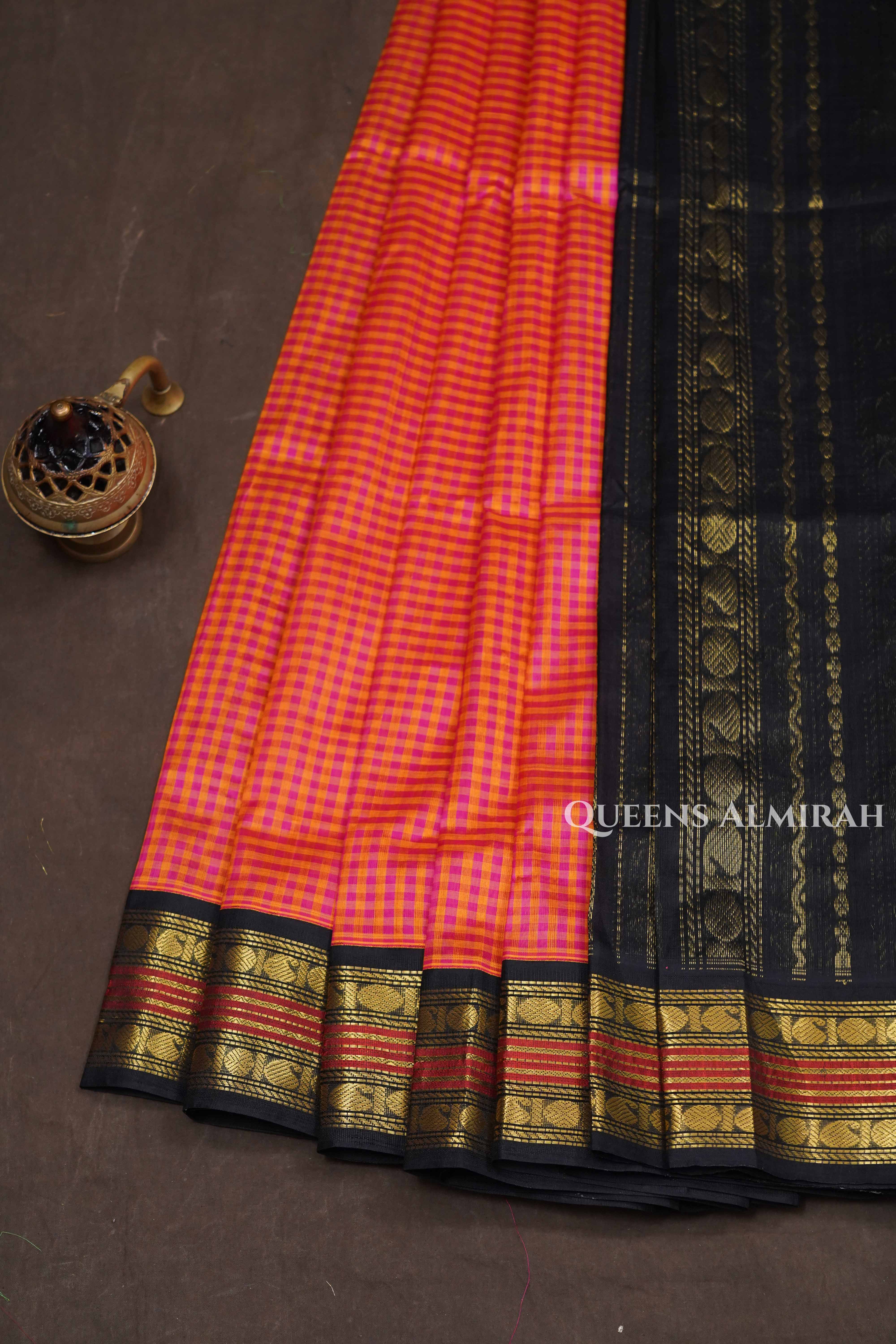 Red With Yellow Checks Pure Silk Cotton Saree