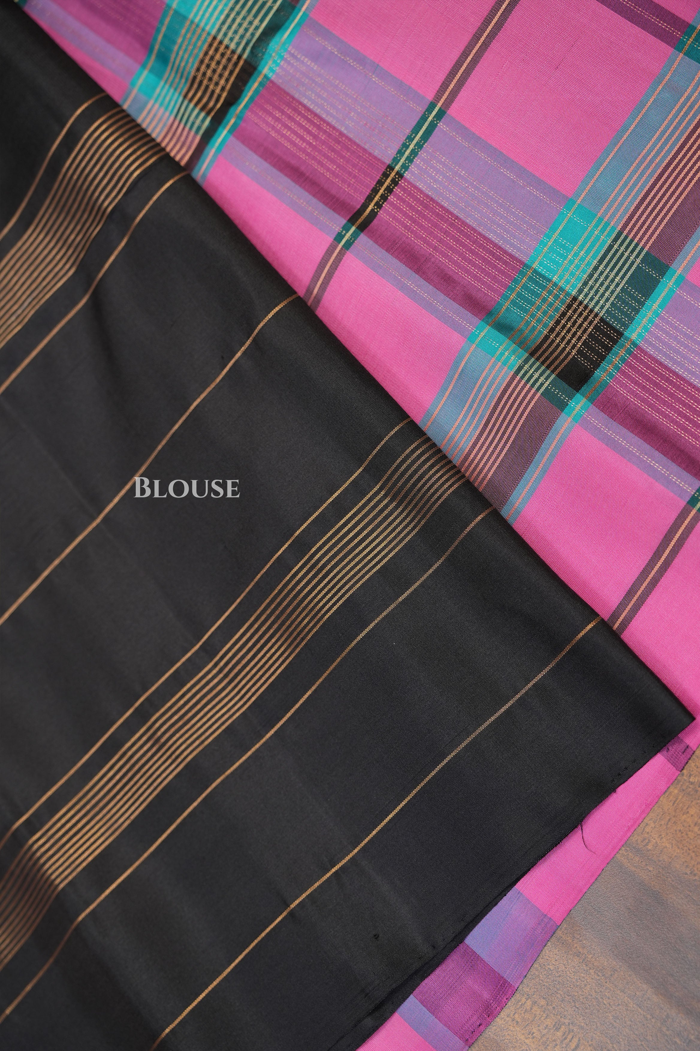 Pink With Turquoise Blue Burberry Checks Pure Soft Silk Saree