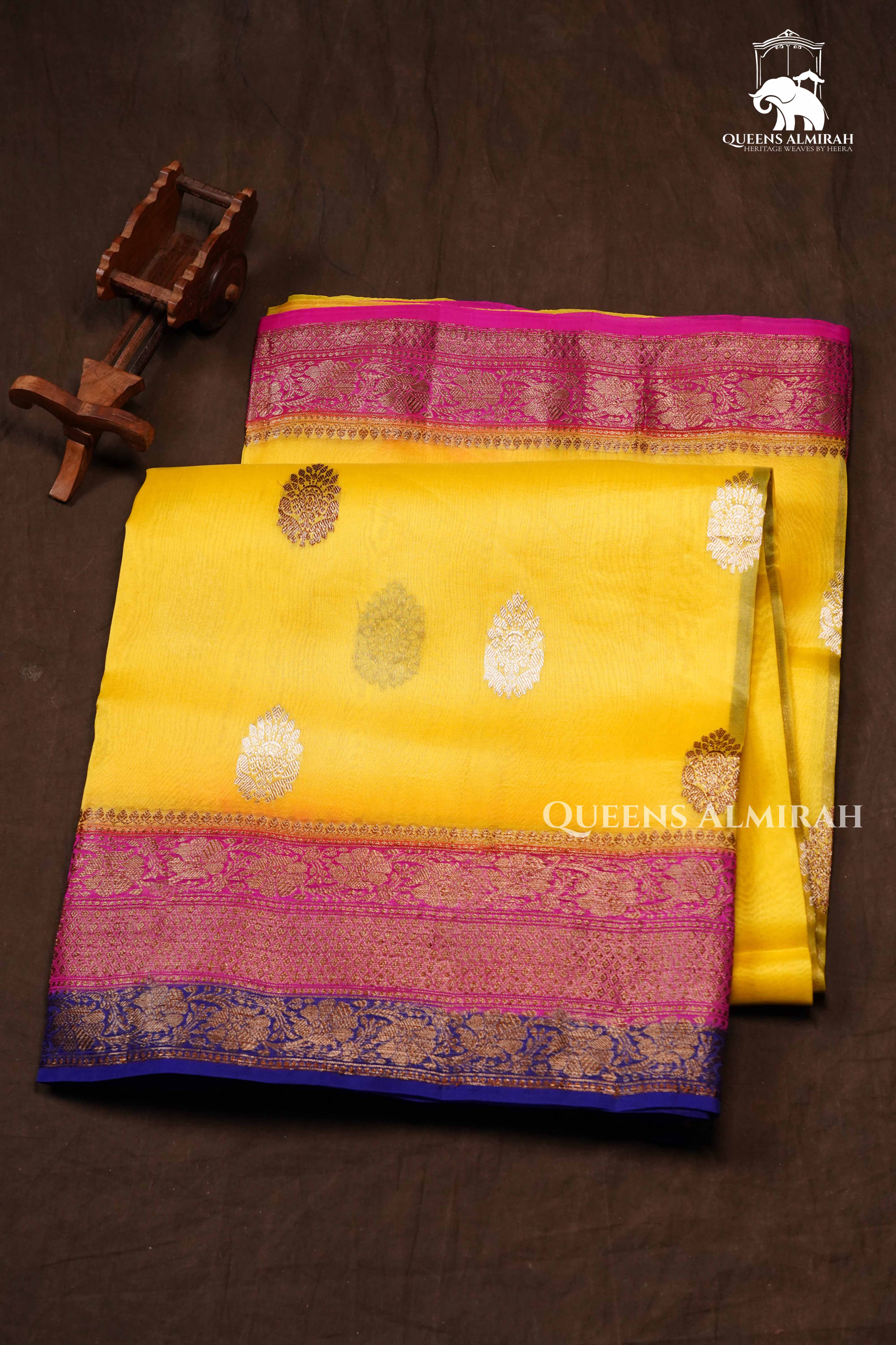Yellow With Purple Banarasi Organza saree
