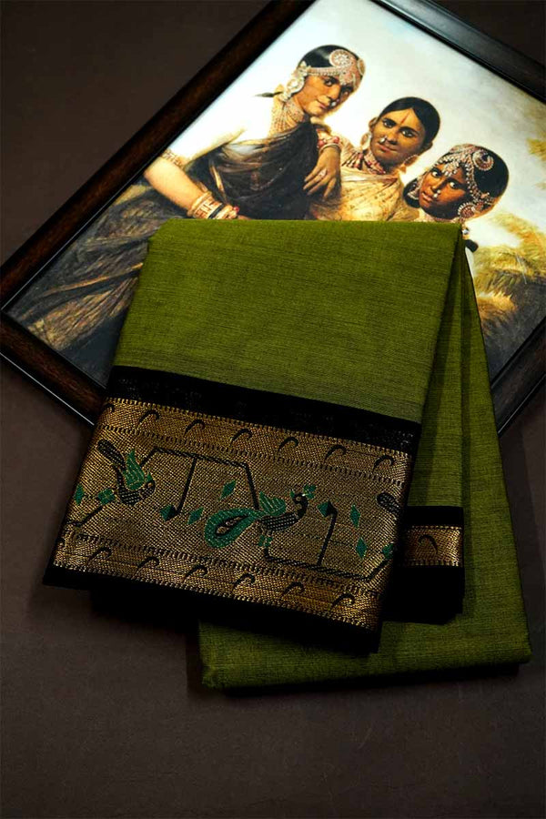 GREEN SAREE WITH BALCK PAITHANI BORDER COTTON SAREE - Queens Jewel Emporium