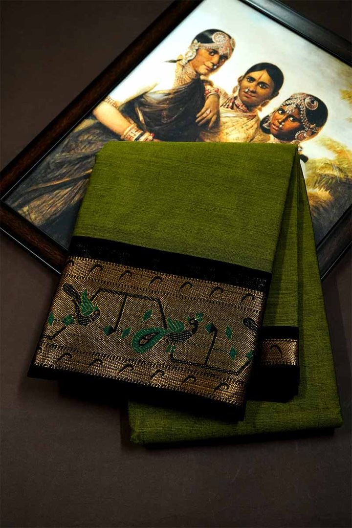 GREEN SAREE WITH BALCK PAITHANI BORDER COTTON SAREE - Queens Jewel Emporium