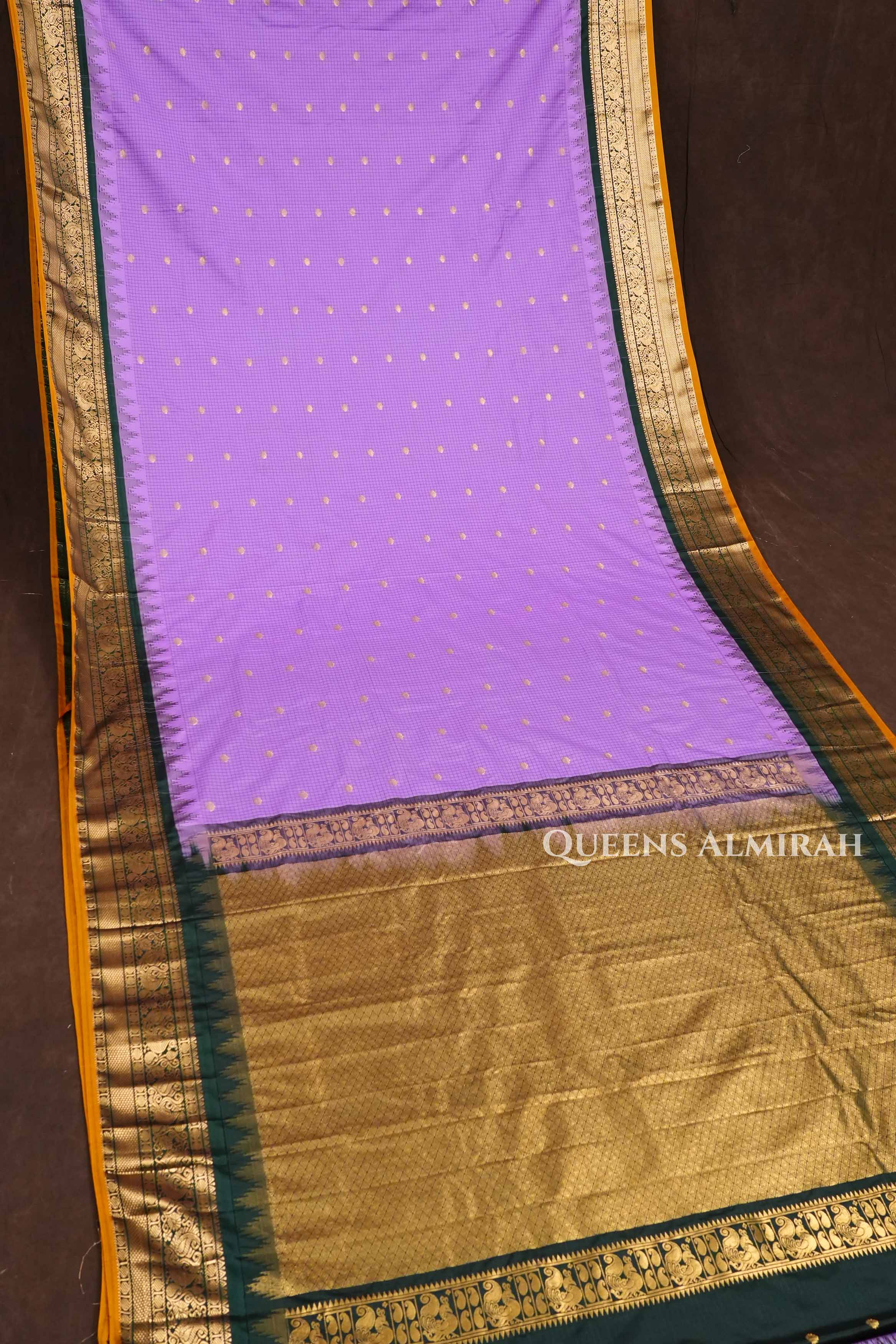 Lavender with dark Green Semi Gadwal Silk  Saree