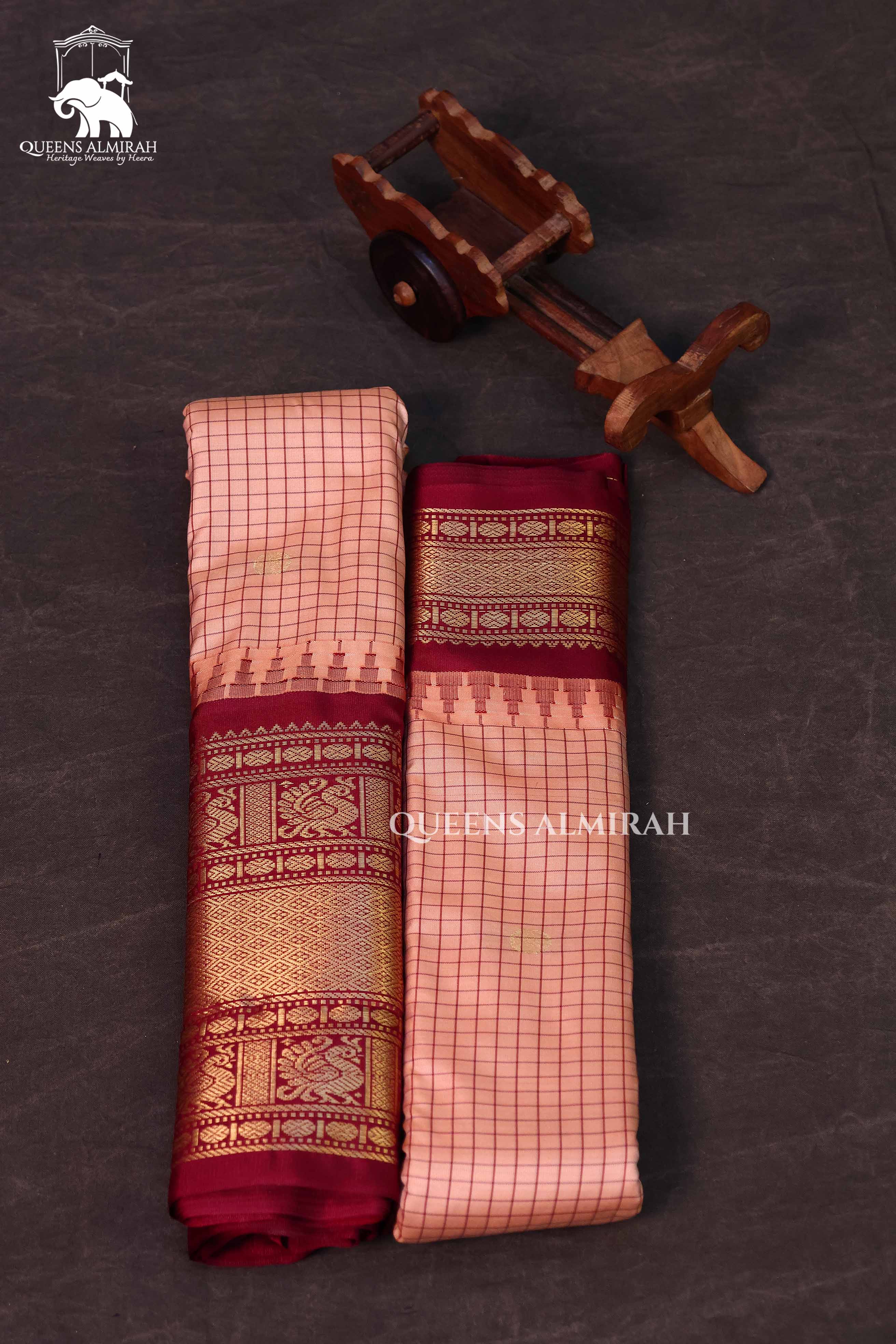 Peach Kattam With Maroon Semi Gadwal Silk Saree