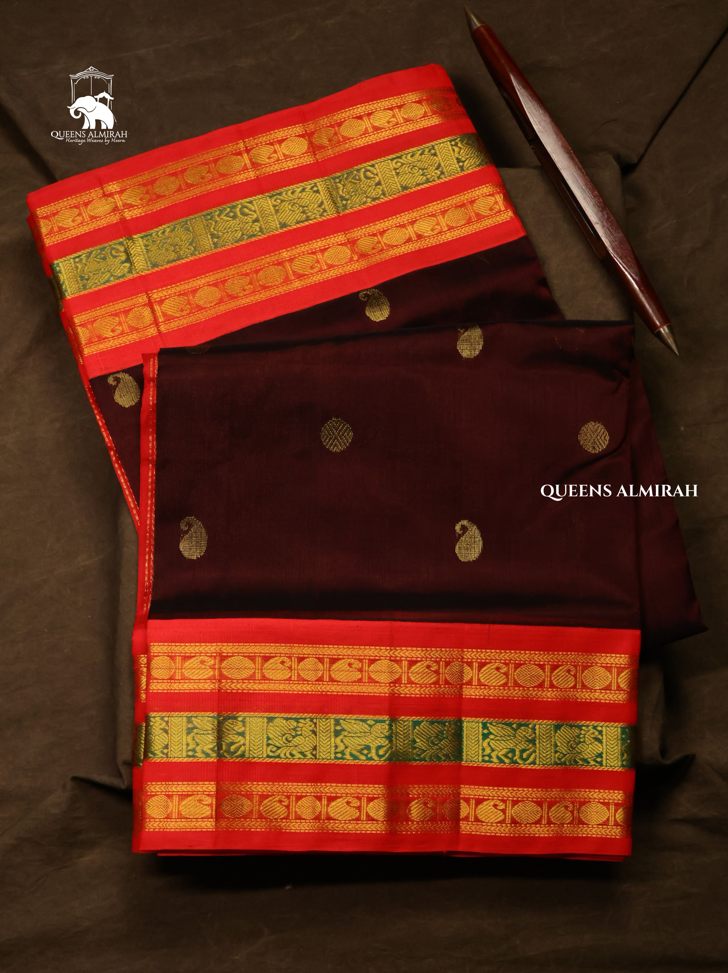 Dark Brown With Red Pure Silk Cotton Saree