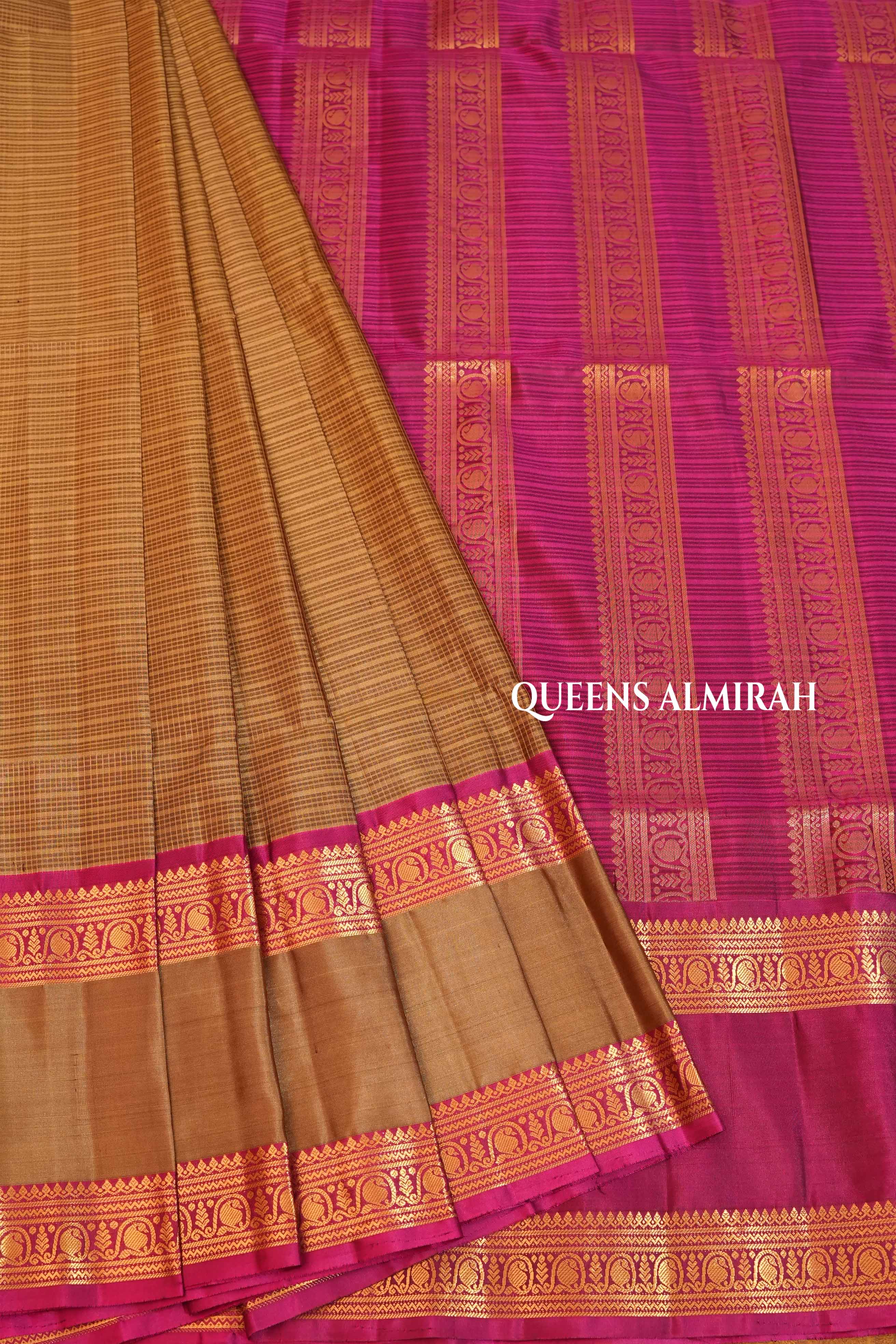 Mustard Brown With Pink Rettapetta Border Payadi Pure Soft Silk Saree