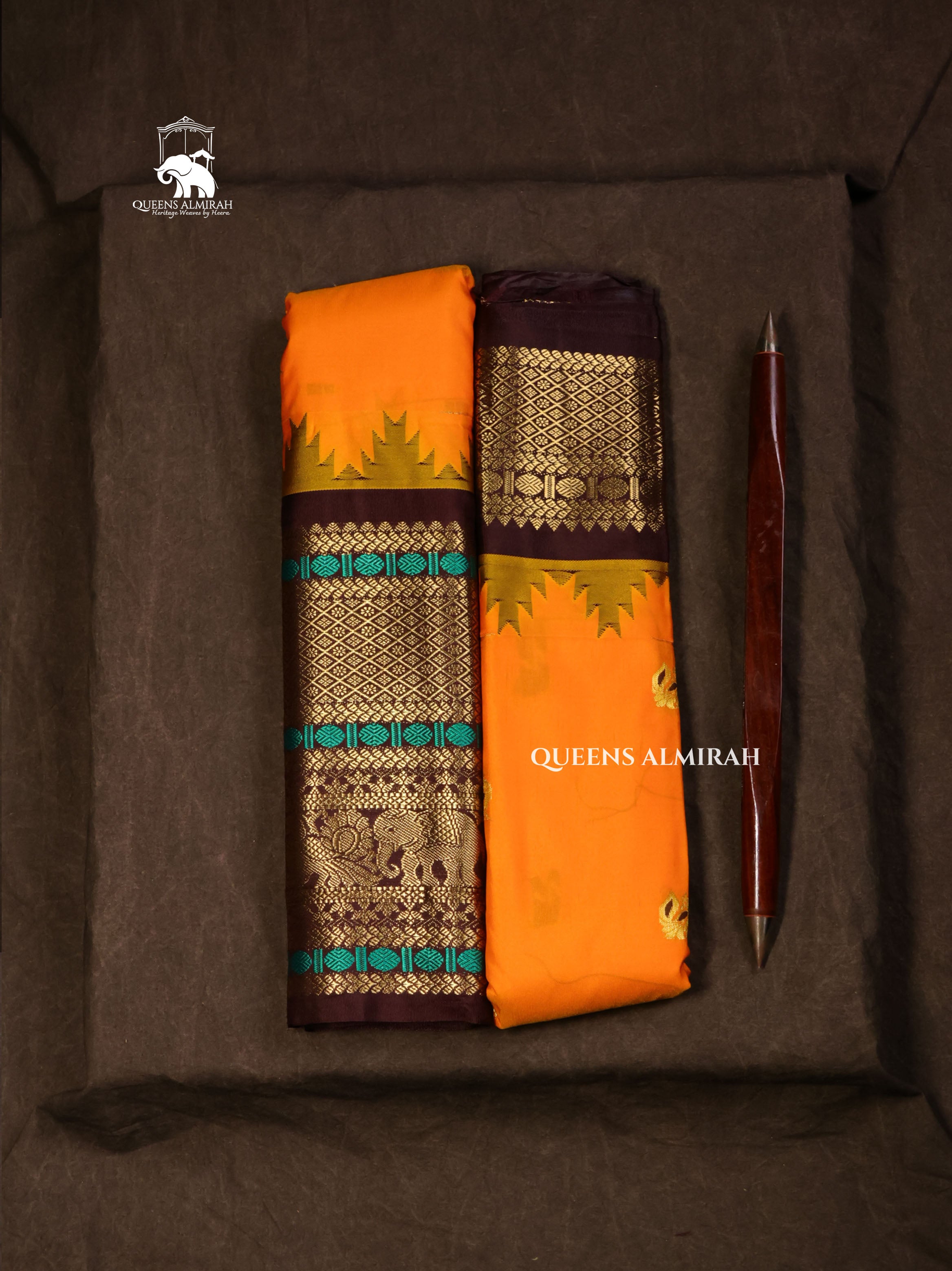 Yellow With Brown Semi Gadwal Silk Saree