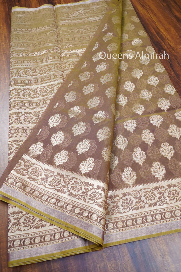 BROWNISH PURE BANARASI SILK COTTON SAREE - Queens Jewel Emporium