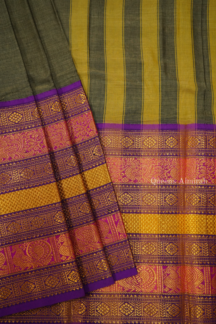 BOTTLE GREEN LONG MULTI COLOUR ZARI BORDER NARAYANPET COTTON SAREE - Queens Jewel Emporium