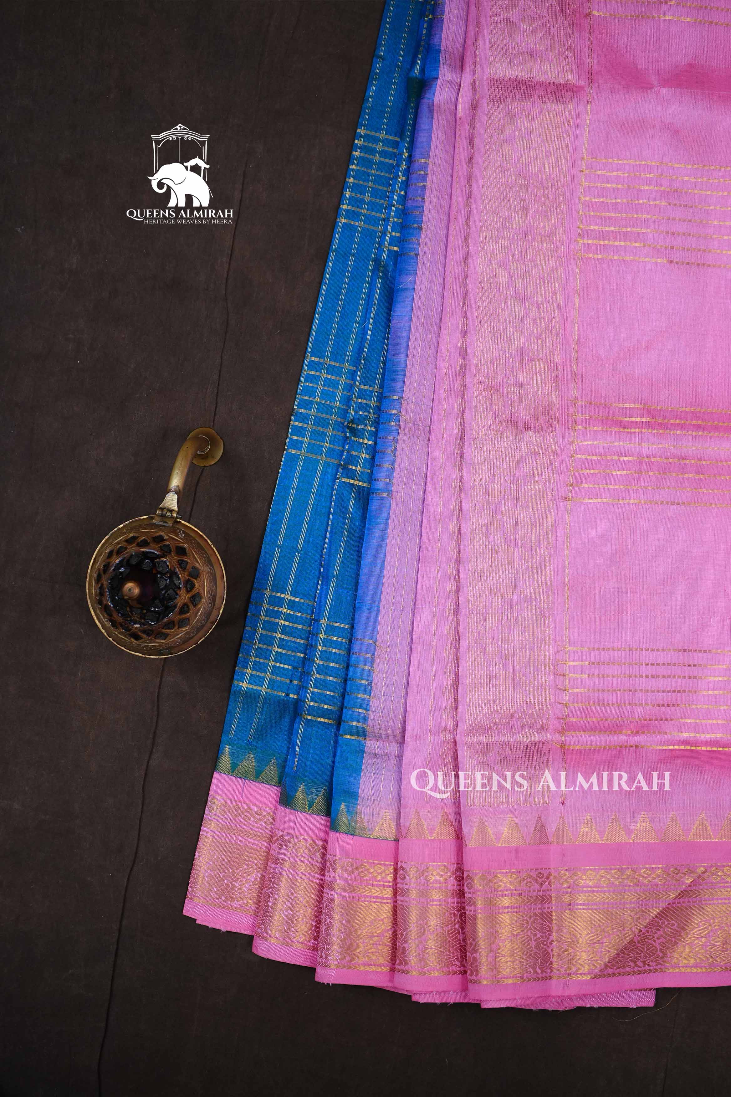 Peacock Blue With Rose Pink Pure Kanchi Silk Cotton Saree