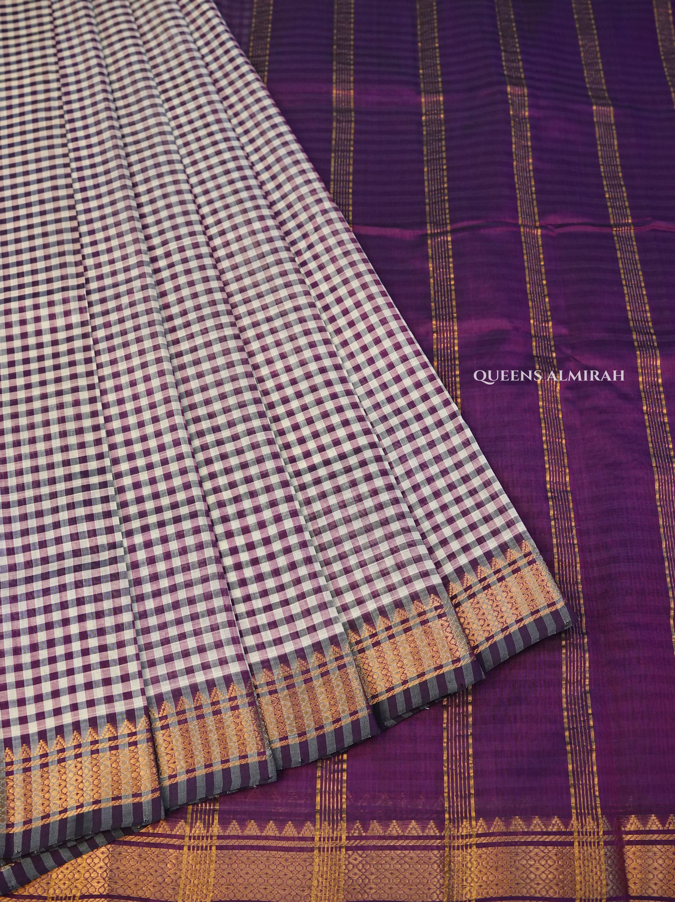 White And Purple Kattam Pure Silk Cotton Saree
