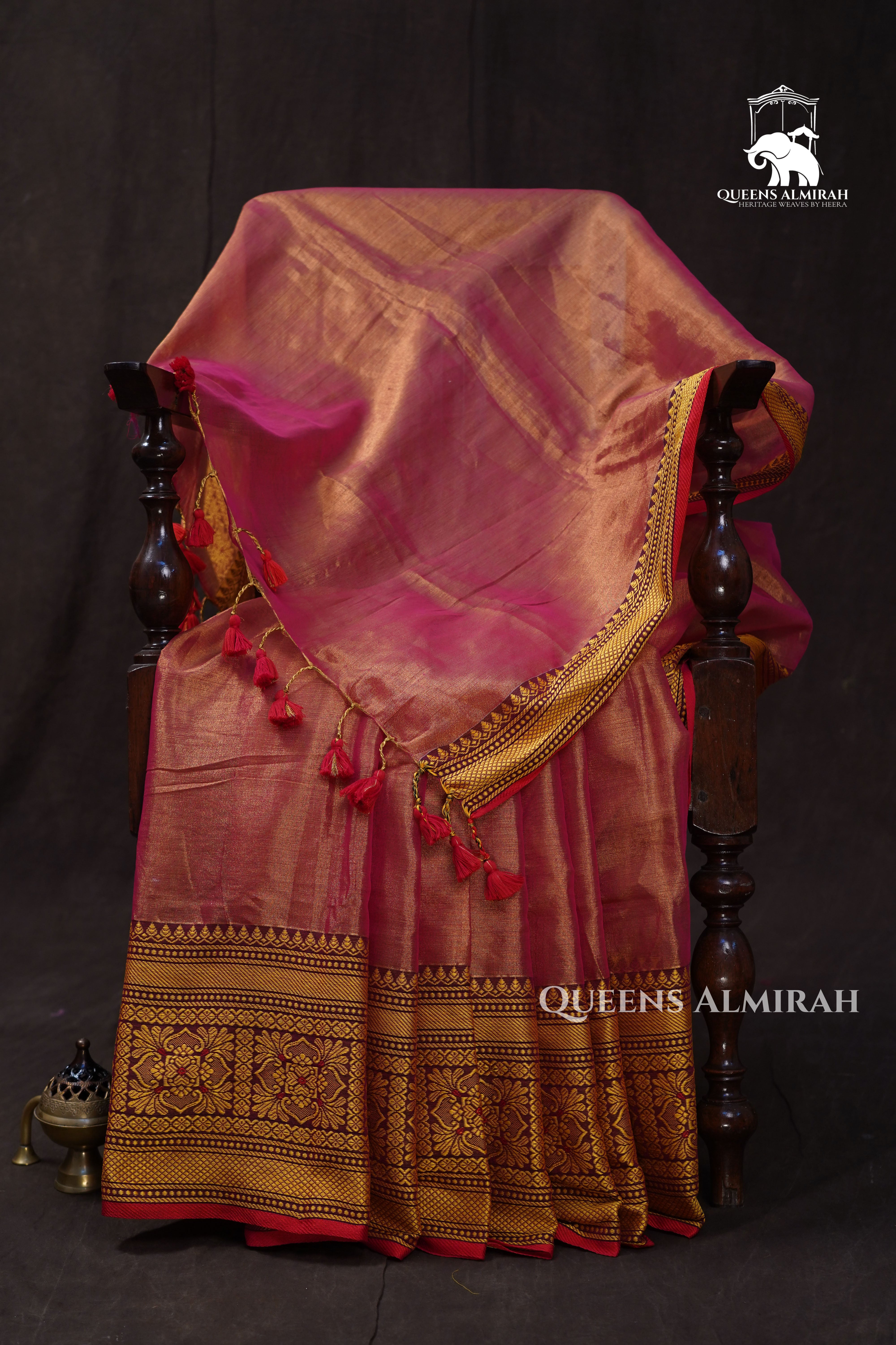 Orangish Pink Linen Tissue Saree With Narayanpet Border