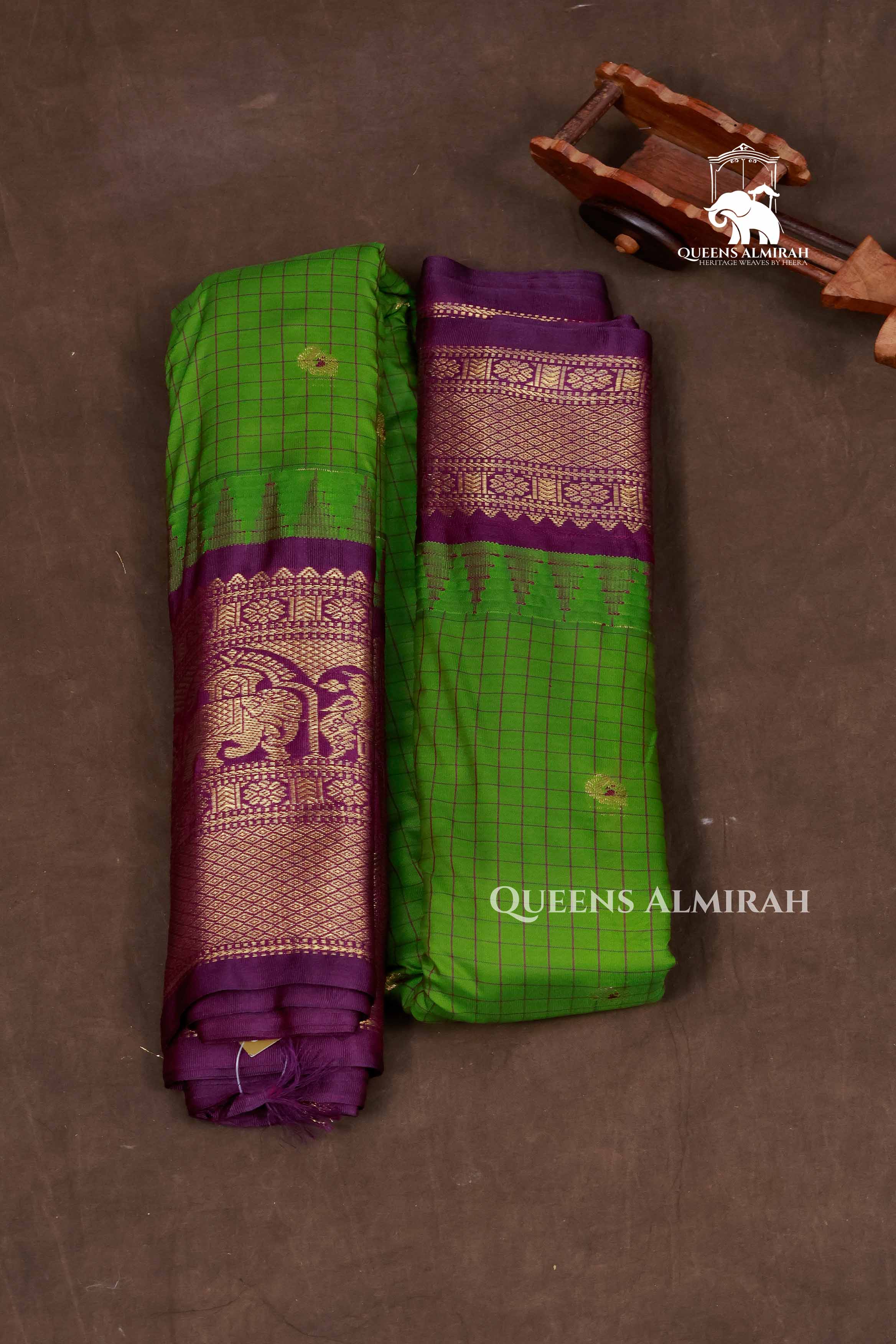 Leaf Green Kattam With Vadamalli Purple Semi Gadwal Silk Saree