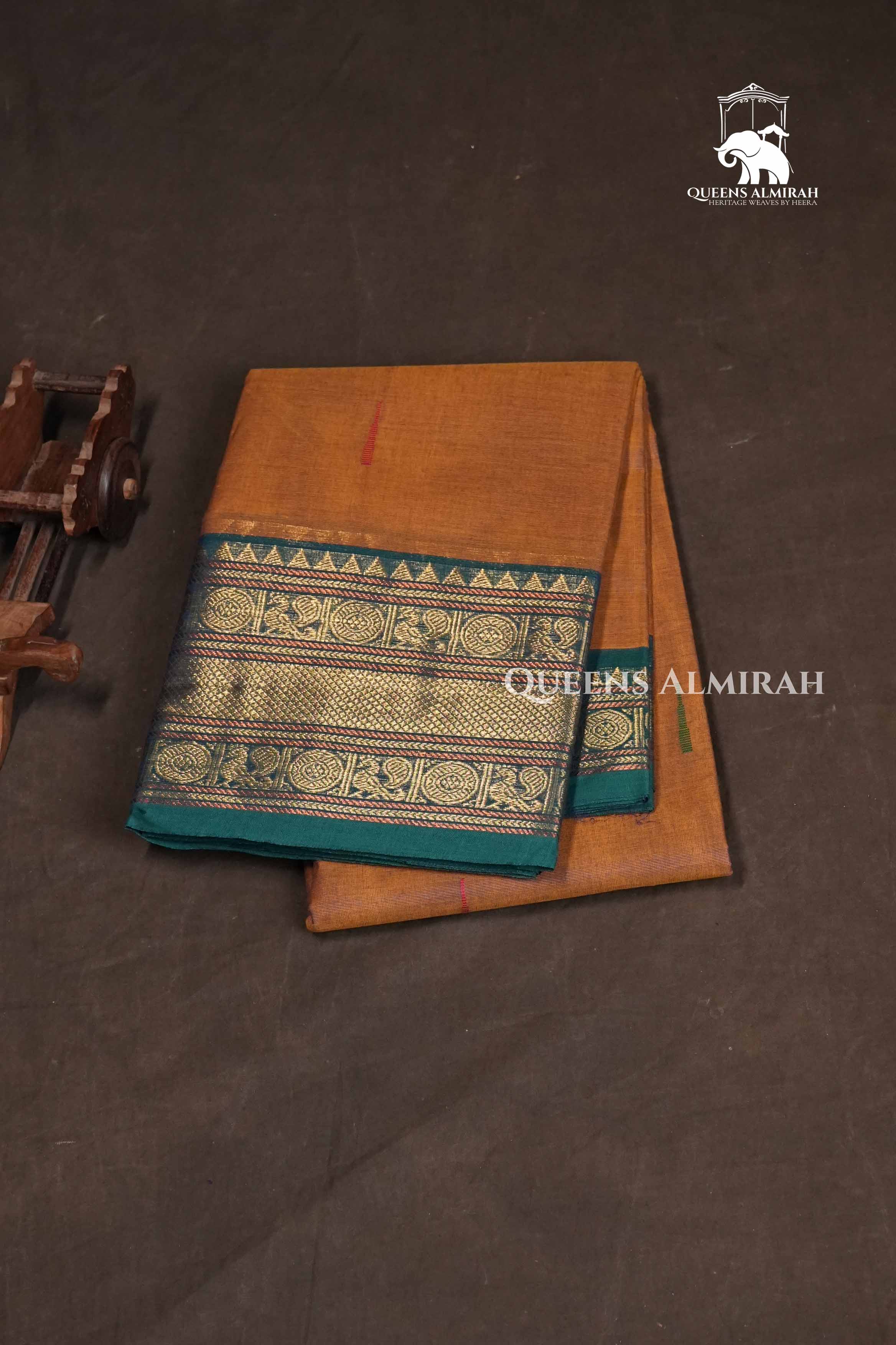 Pumpkin Orange With Green Kanchi Cotton Saree