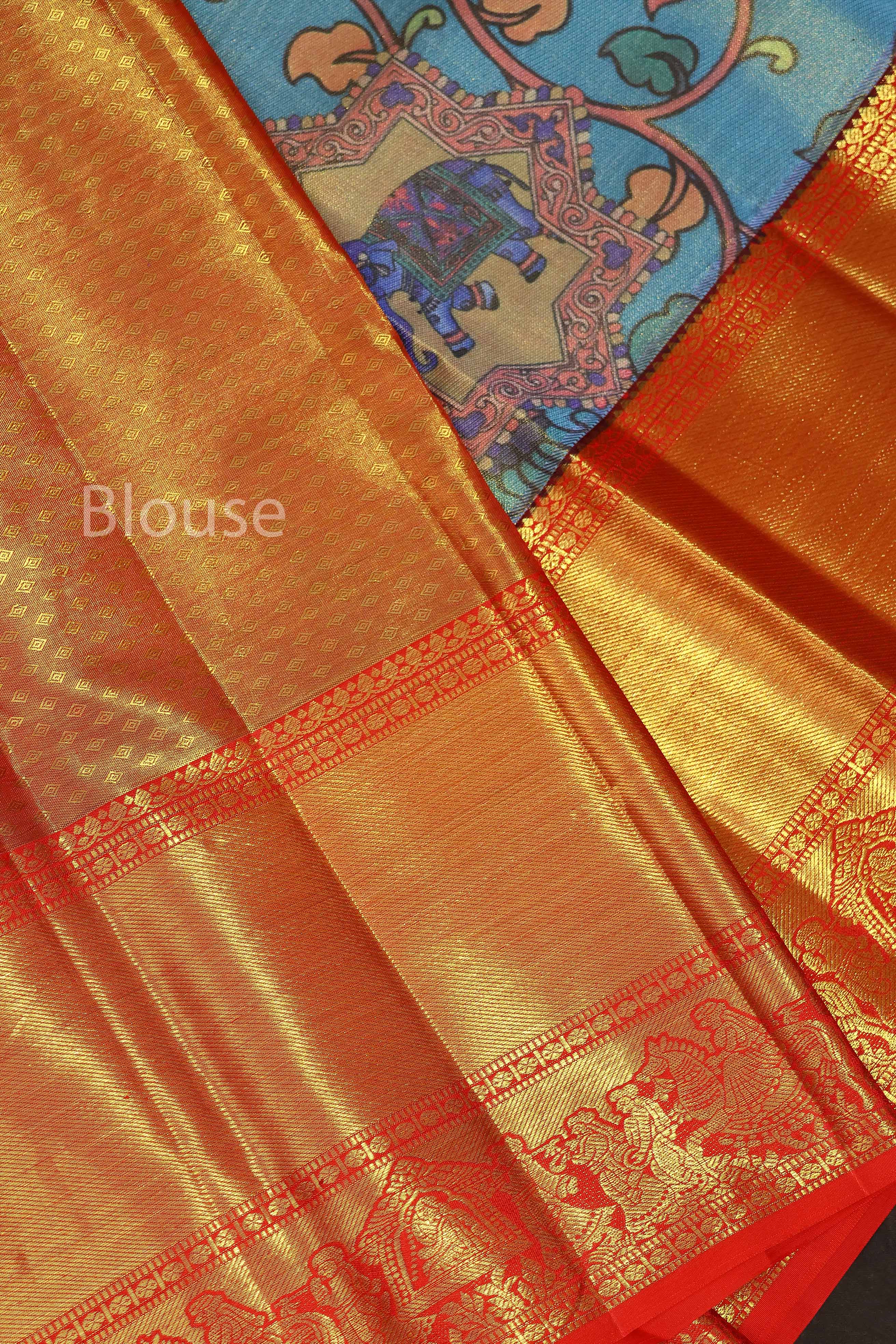 Blue Kalamkari Print With Red Long And Short Border Pure Kanchivaram Silk Saree