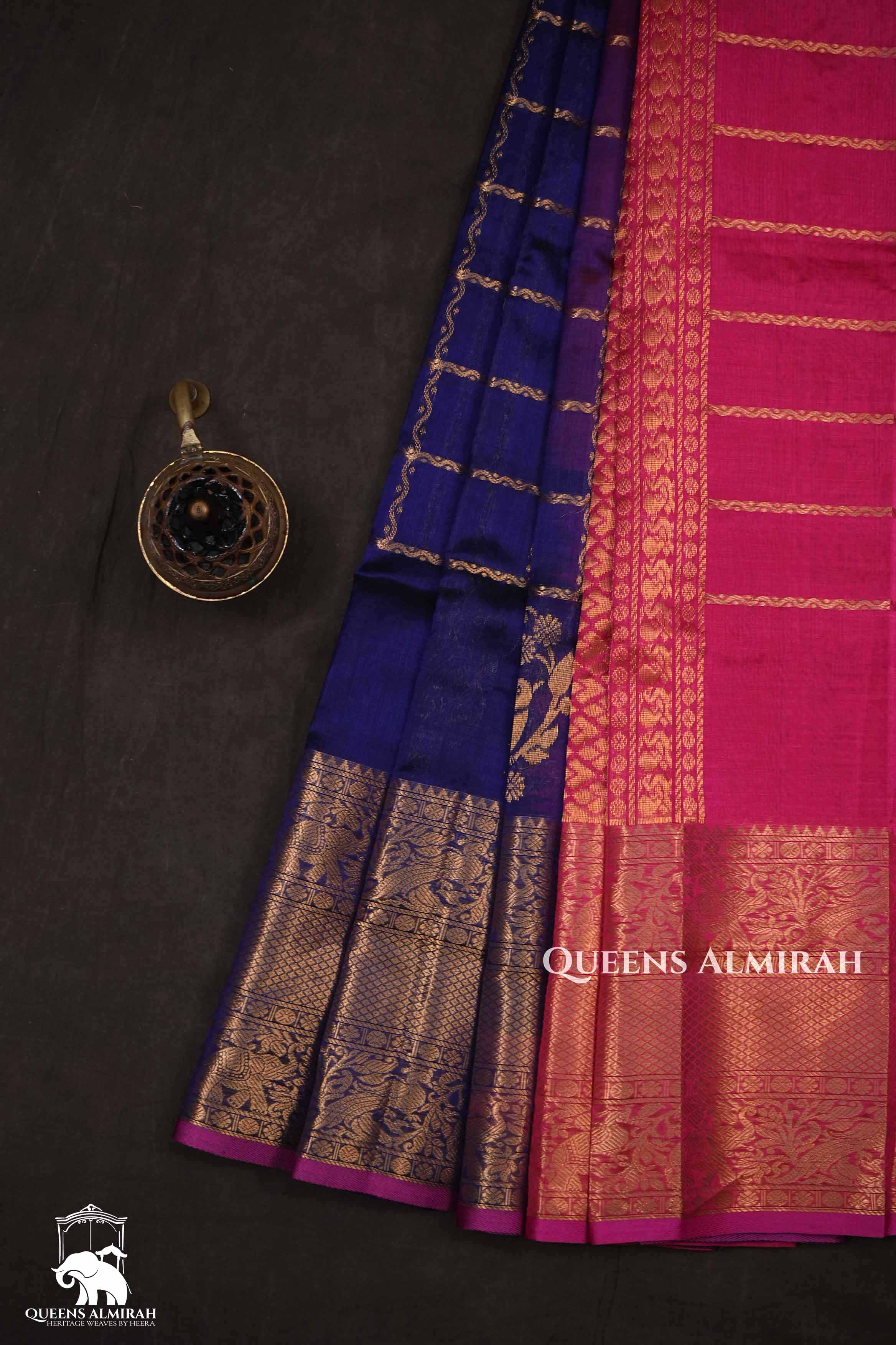 Royal Blue With Magenta Pink Pure Silk Cotton Saree