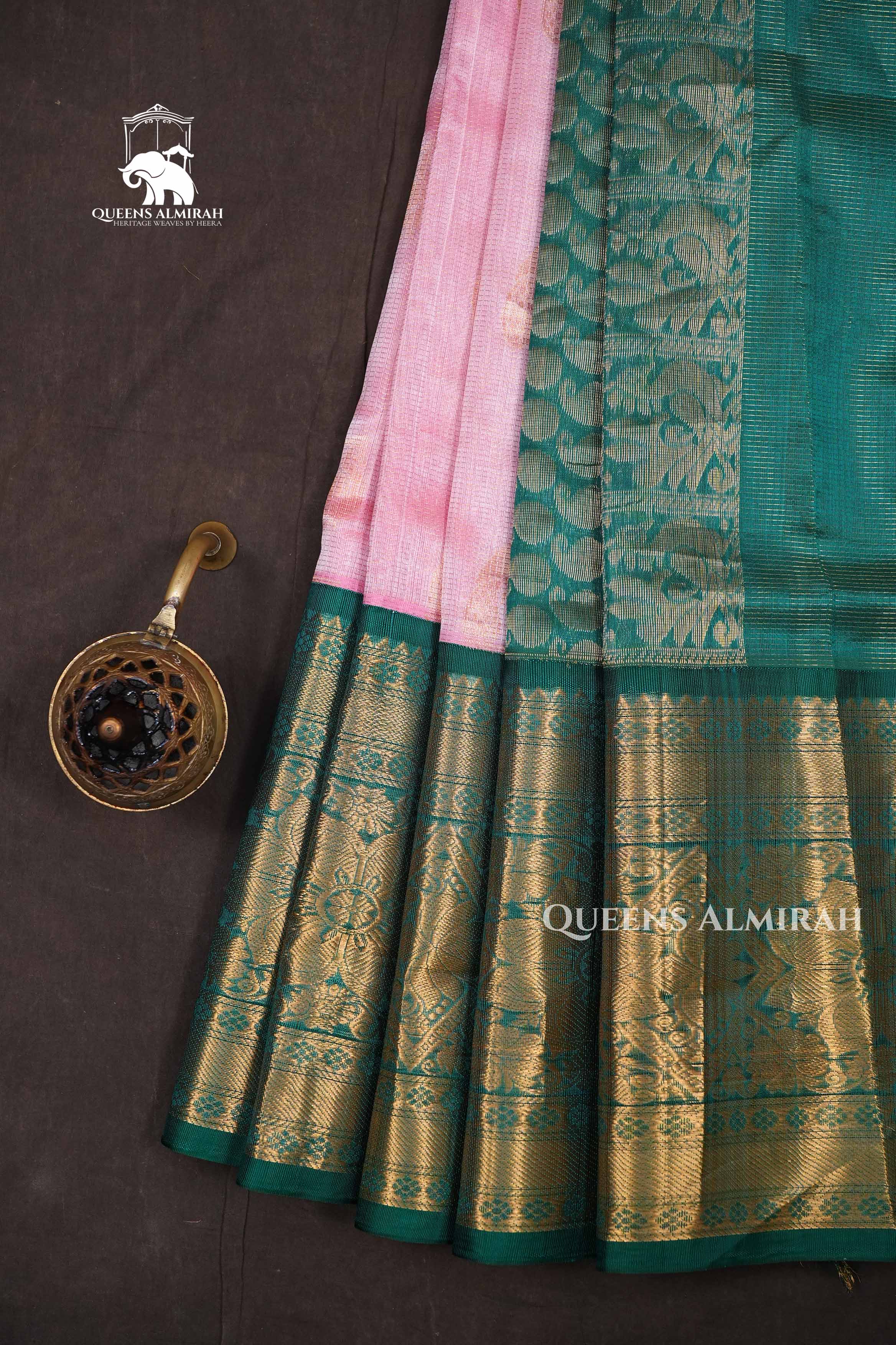Rose Milk Pink With Green Pure Kanchi Silk Cotton Saree