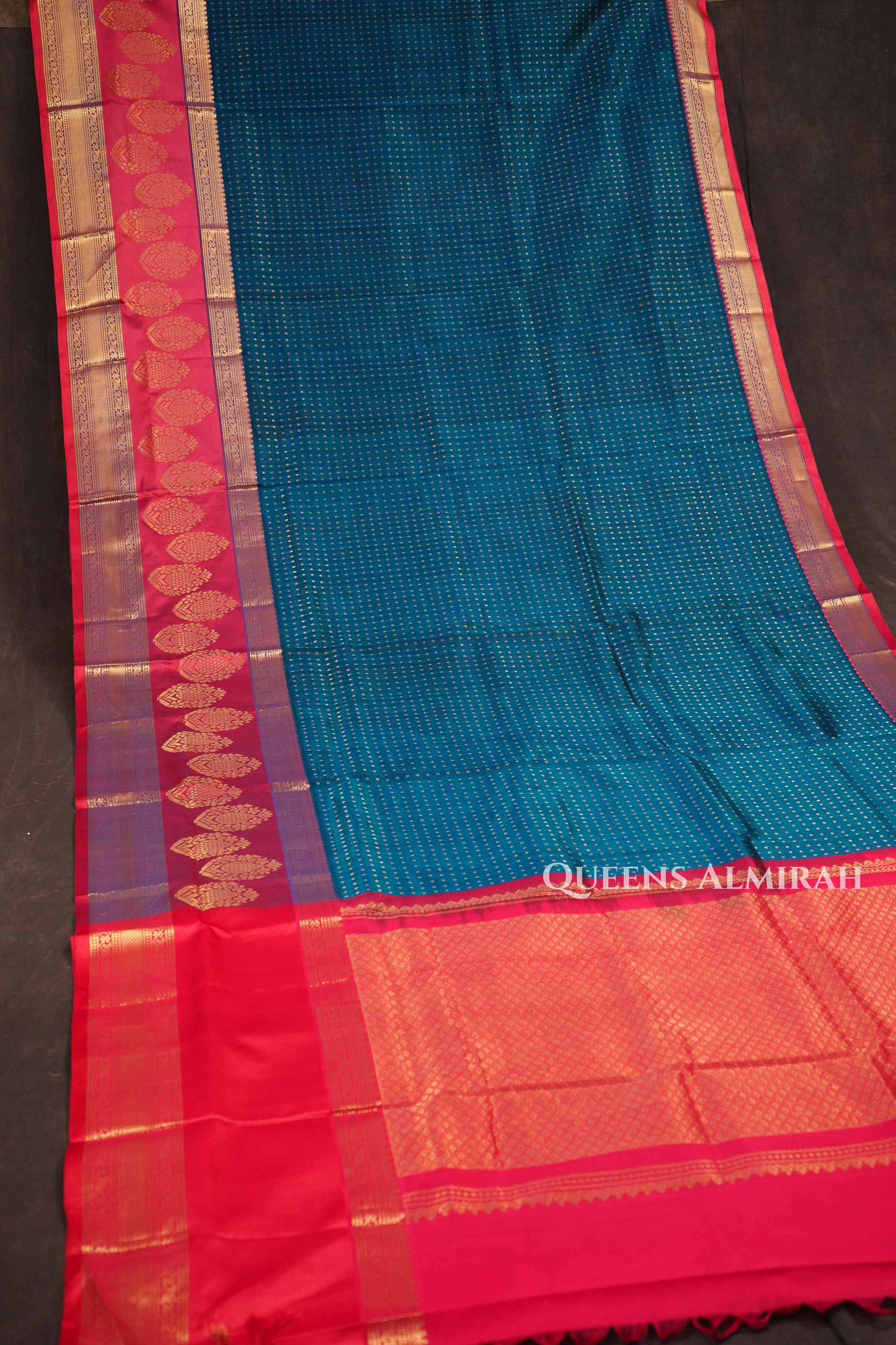 Peacock Blue With Red Pure Kanchi Silk Cotton Saree