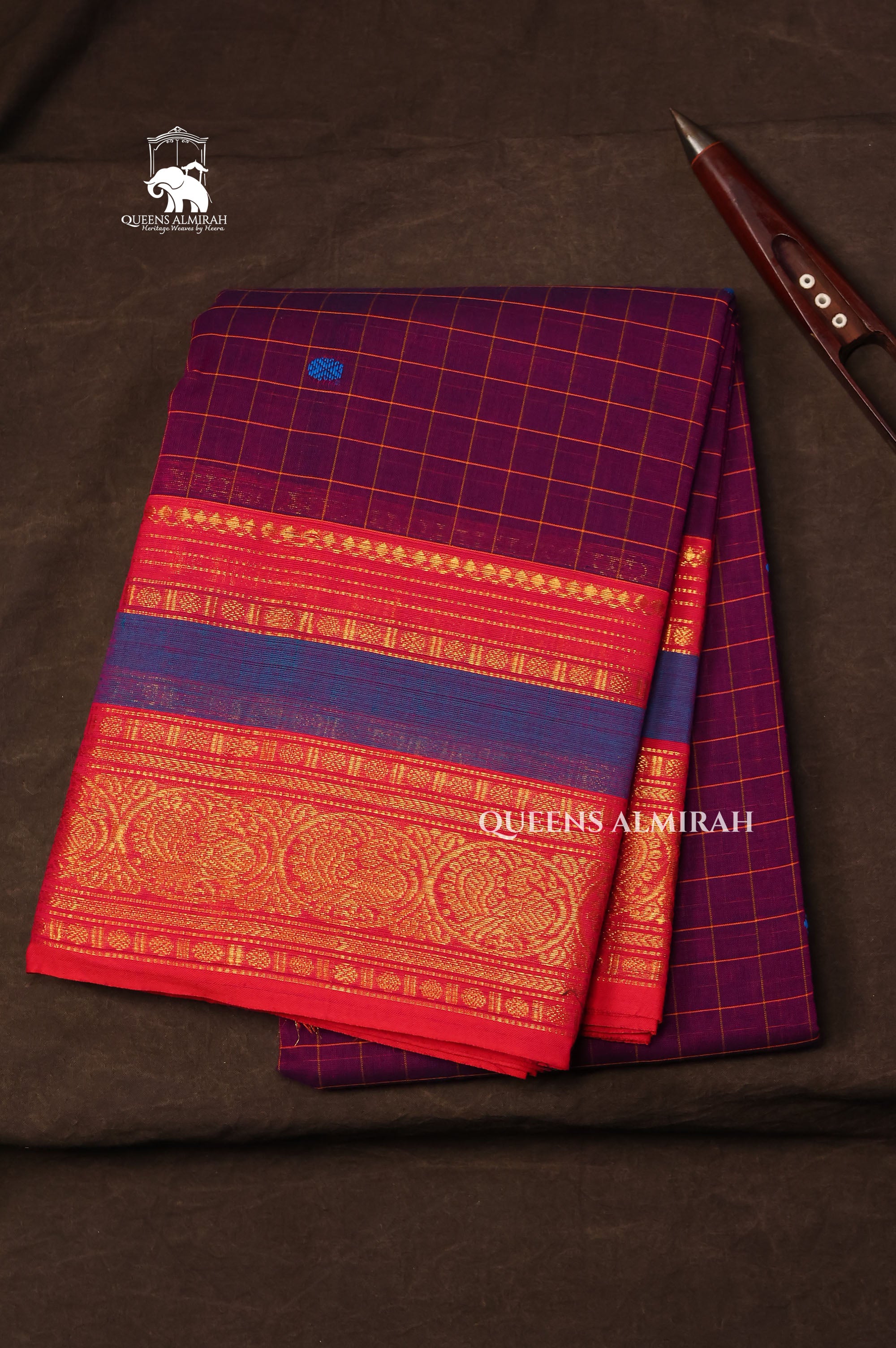 Purple Kattam With Red Kanchi Cotton Saree