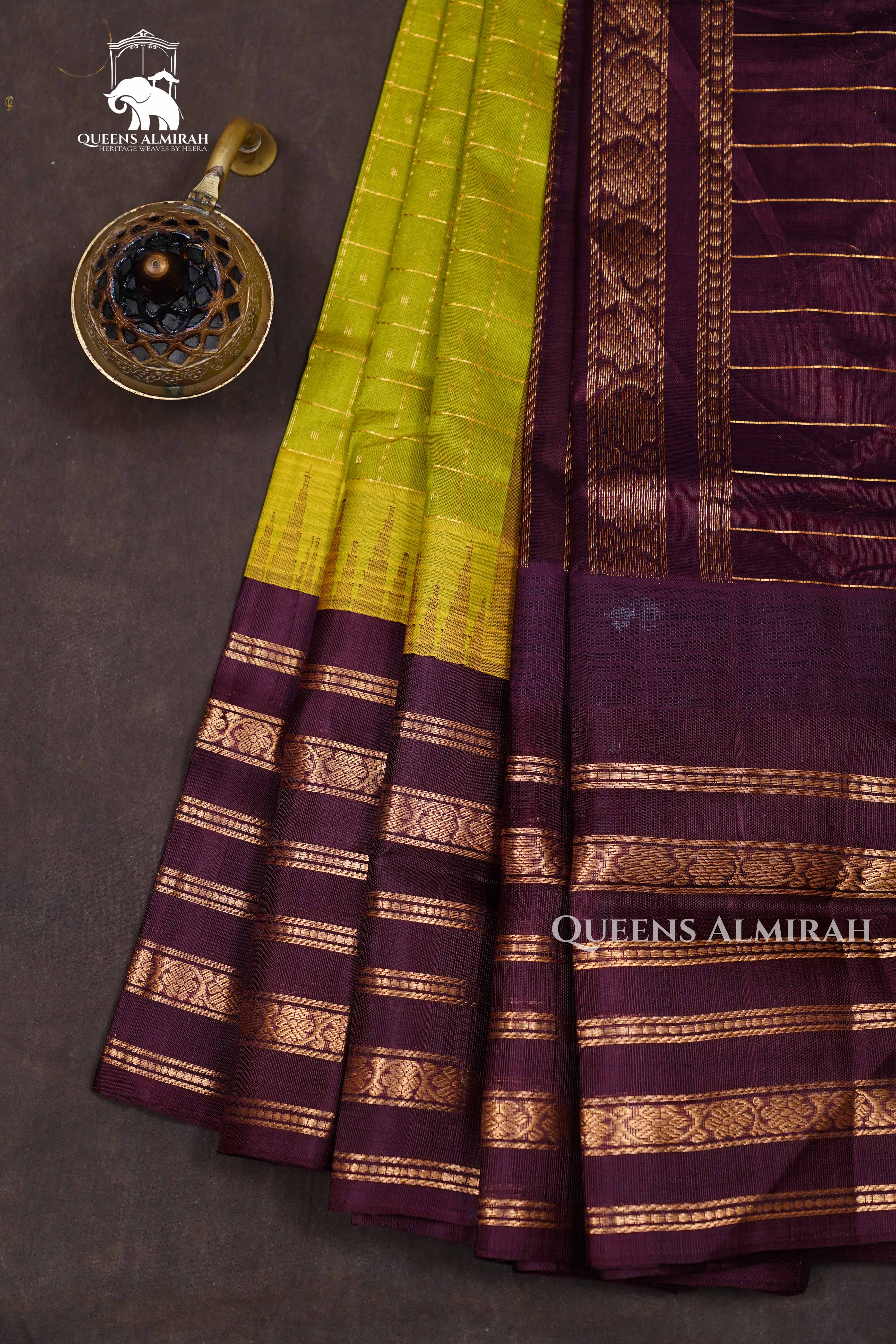 Mustard Green With Coffee Brown Pure Kanchi Silk Cotton Saree