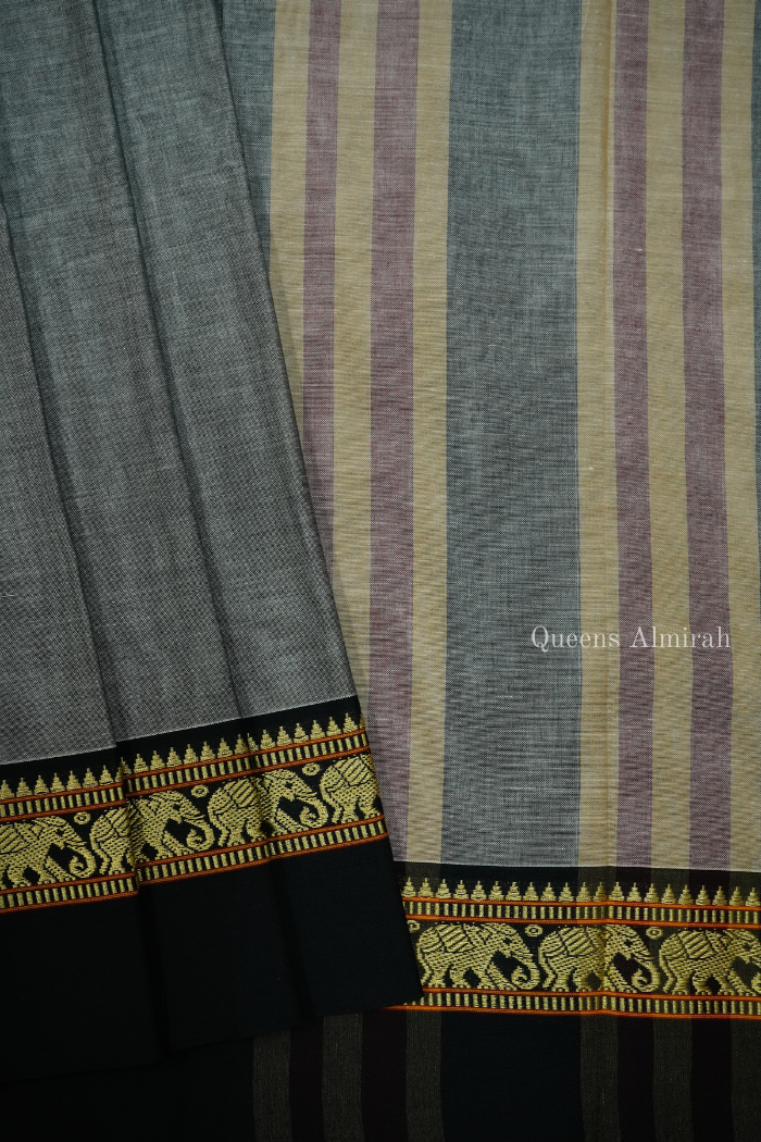 GLACIER GREY WITH BLACK BORDER  NARAYANPET COTTON SAREE - Queens Jewel Emporium