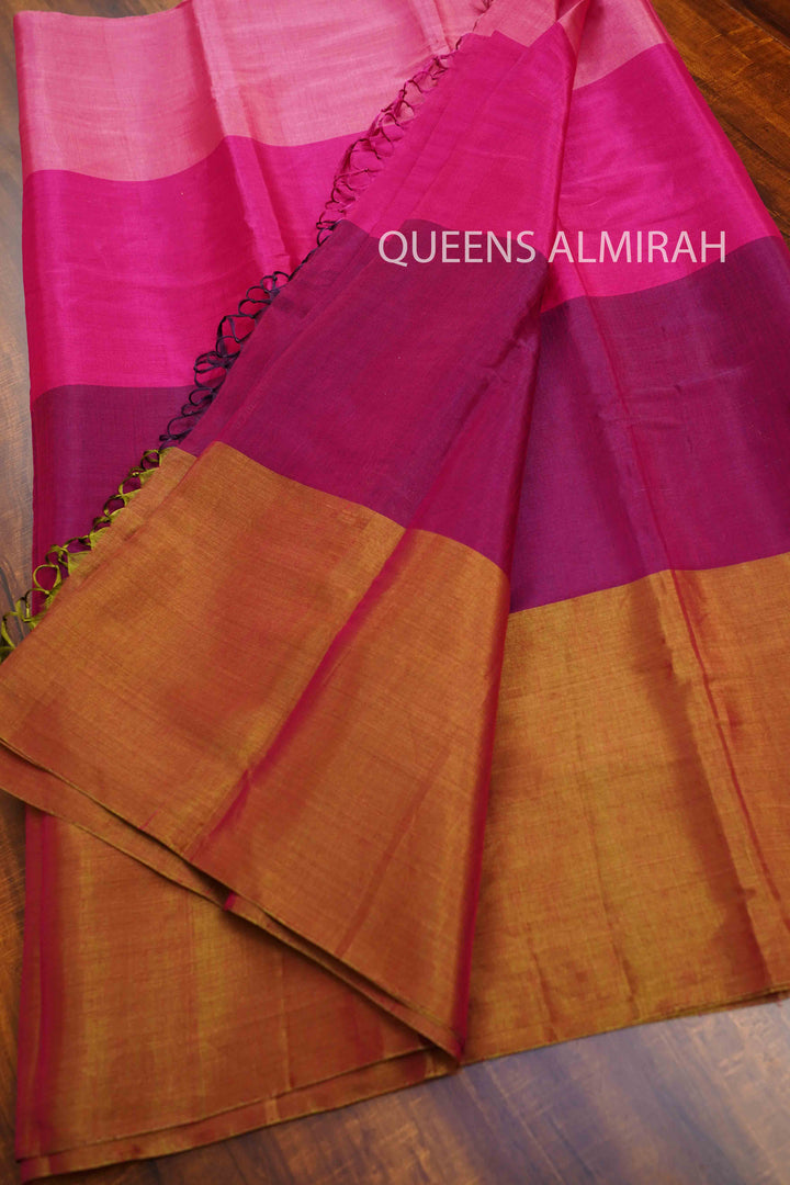 SHADES OF PINK WITH GOLDEN BORDER KATAN CHANDERI SILK SAREE - Queens Jewel Emporium