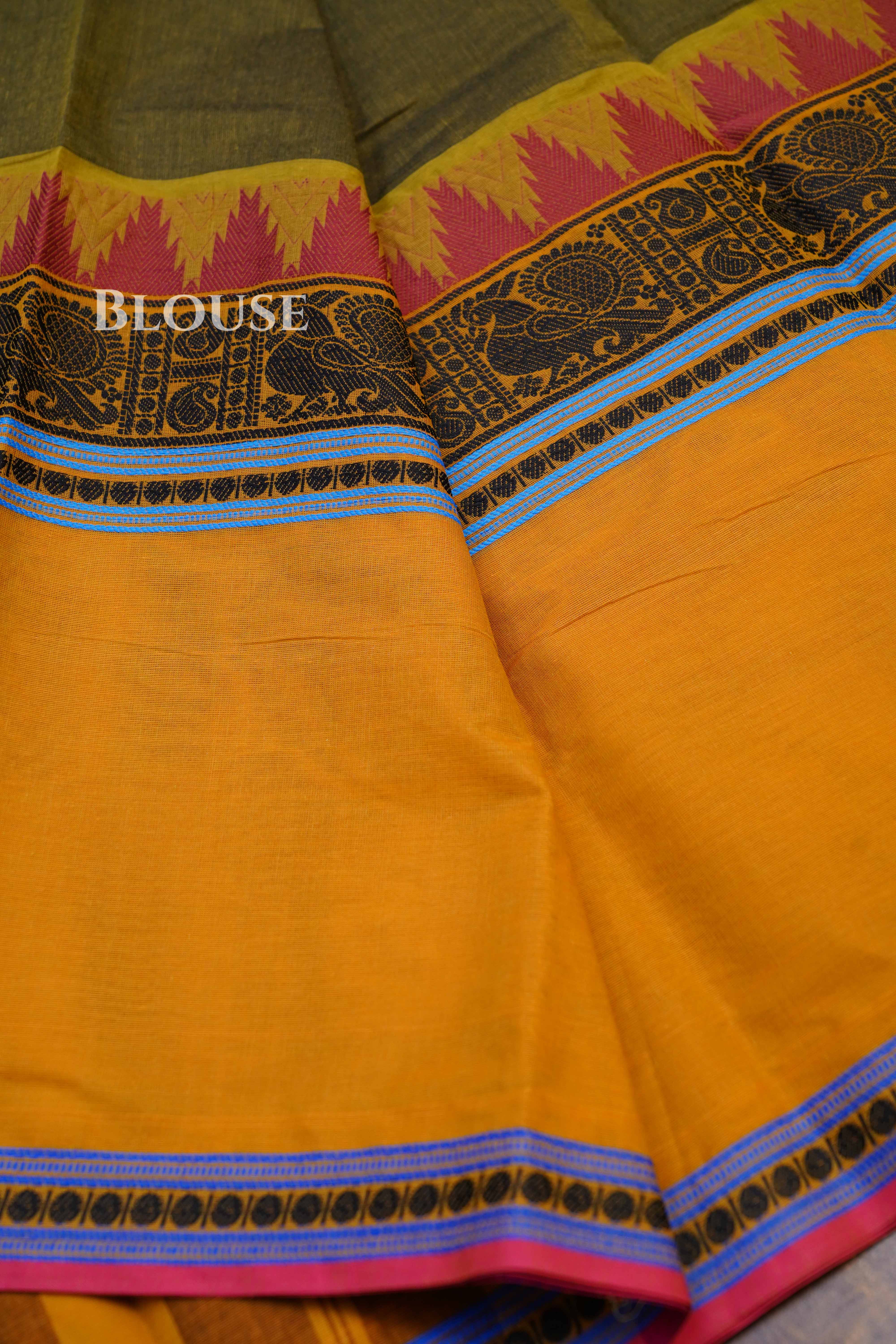 Paasi Pachai Green With Mustard Yellow Chettinad Cotton Saree