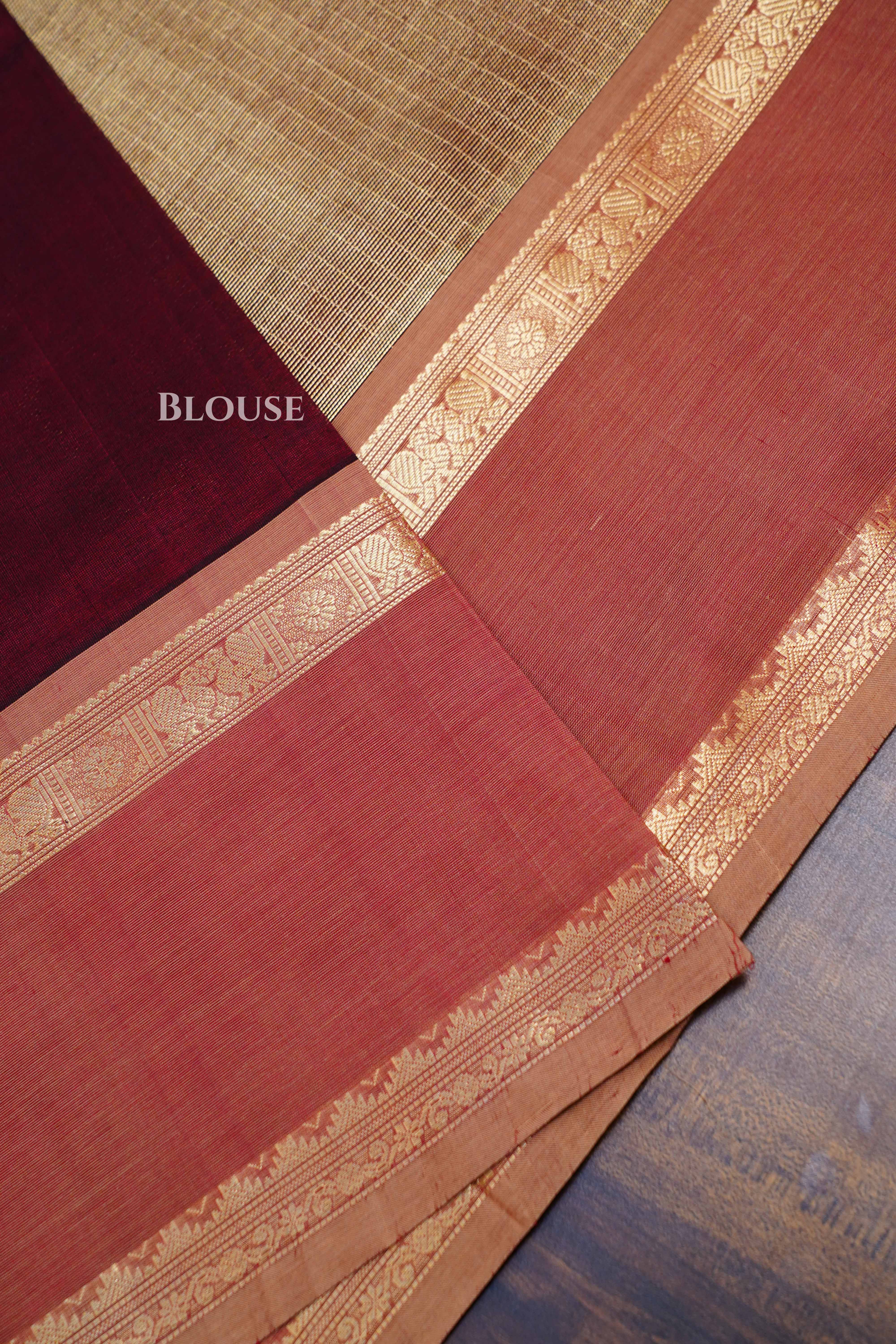 Golden With Pale Carmine Karaikudi Chettinad Silk Cotton Saree