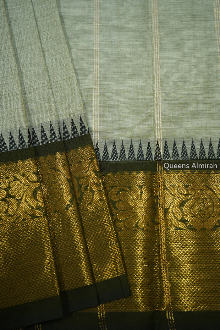 GREENISH GREY WITH BRONZE OLIVE  KANCHI COTTON SAREE - Queens Jewel Emporium