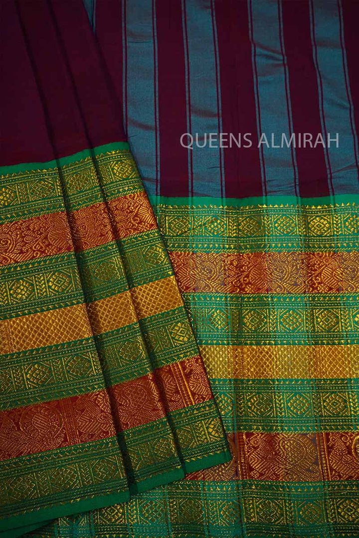 ROYAL BURGUNDY LONG MULTI COLOUR ZARI BORDER NARAYANPET COTTON SAREE - Queens Jewel Emporium