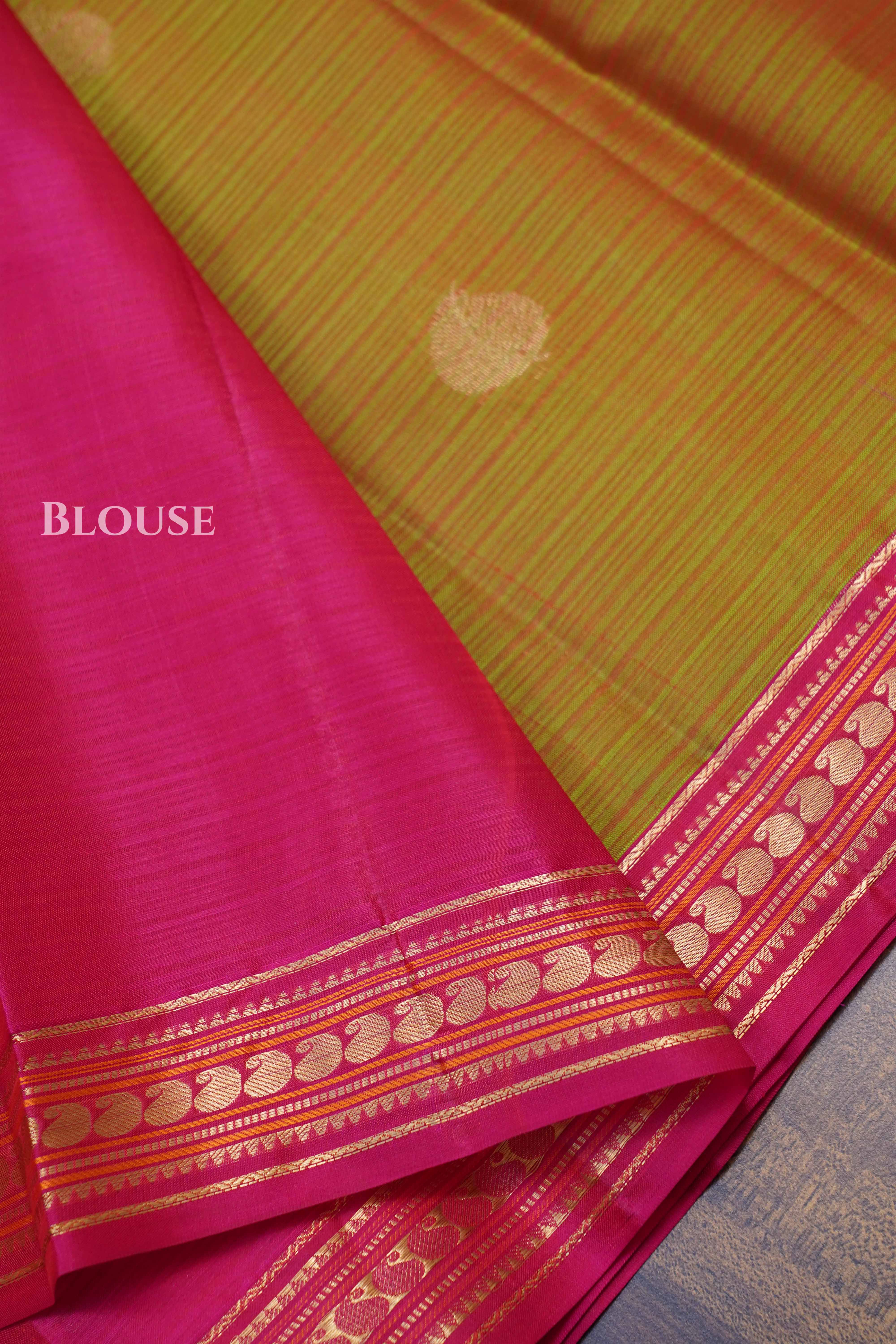 Mustard Yellow With Pink Pure kanchivaram Silk Saree
