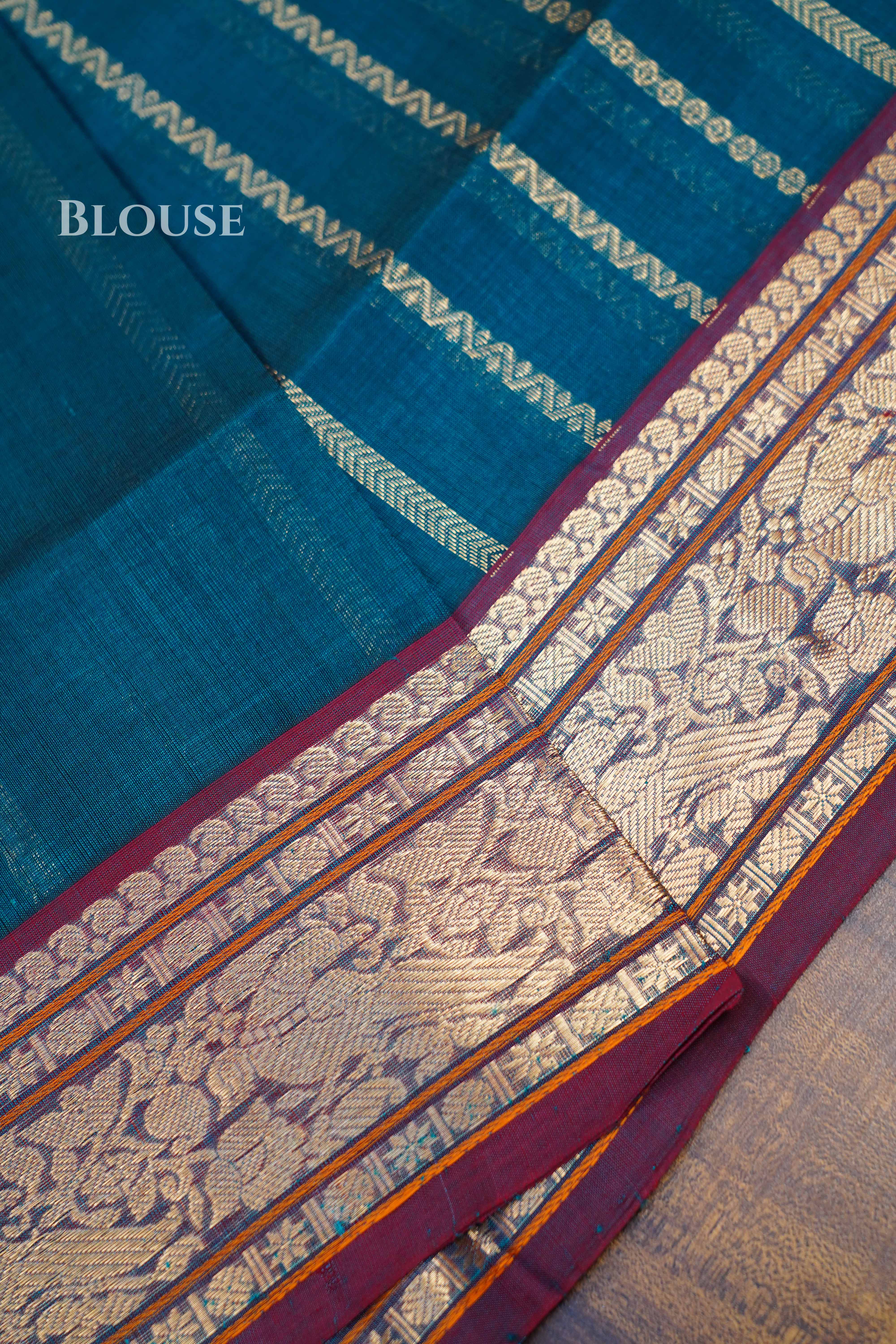Teal Green With Green -Karaikudi Chettinad Silk Cotton Saree
