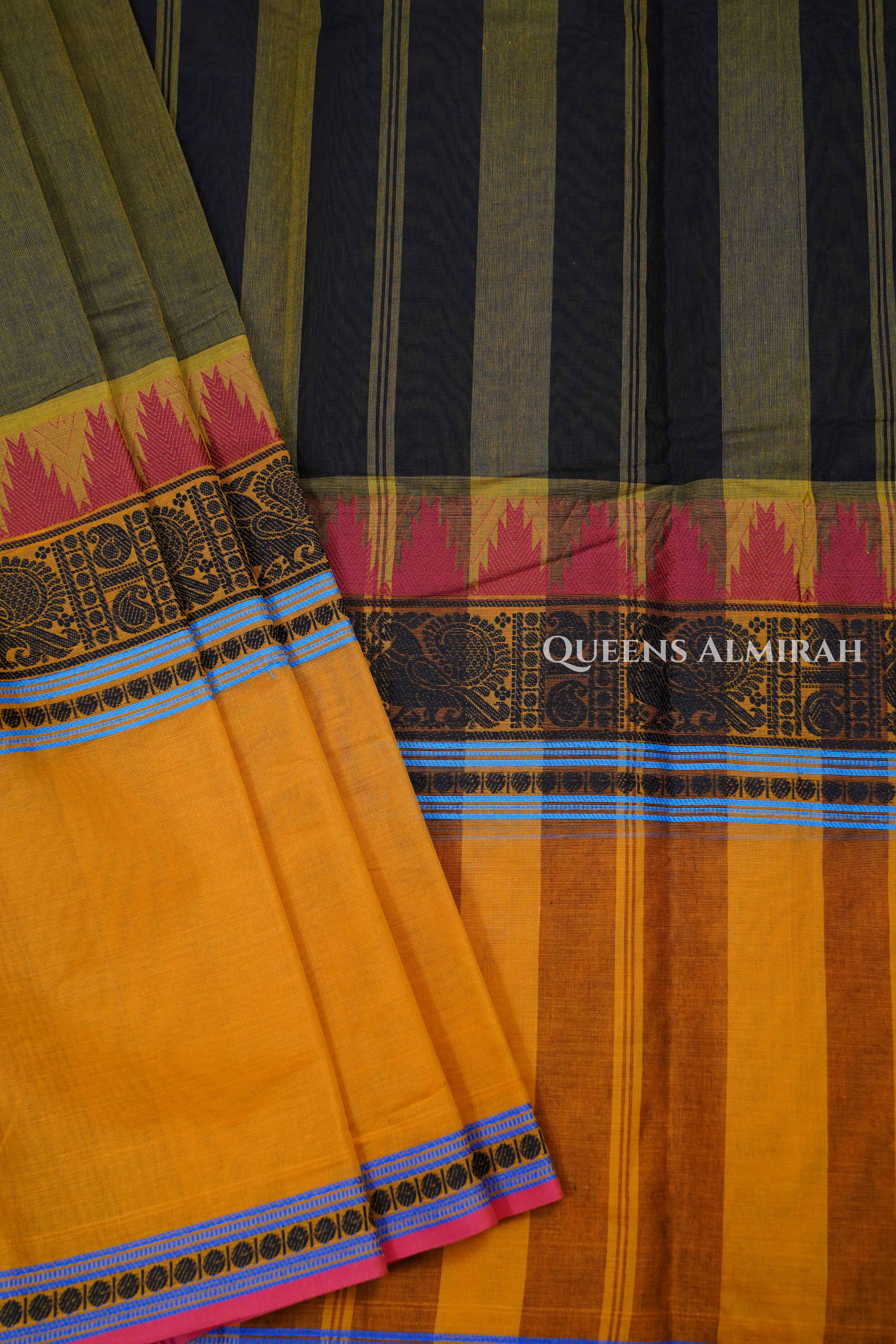 Paasi Pachai Green With Mustard Yellow Chettinad Cotton Saree