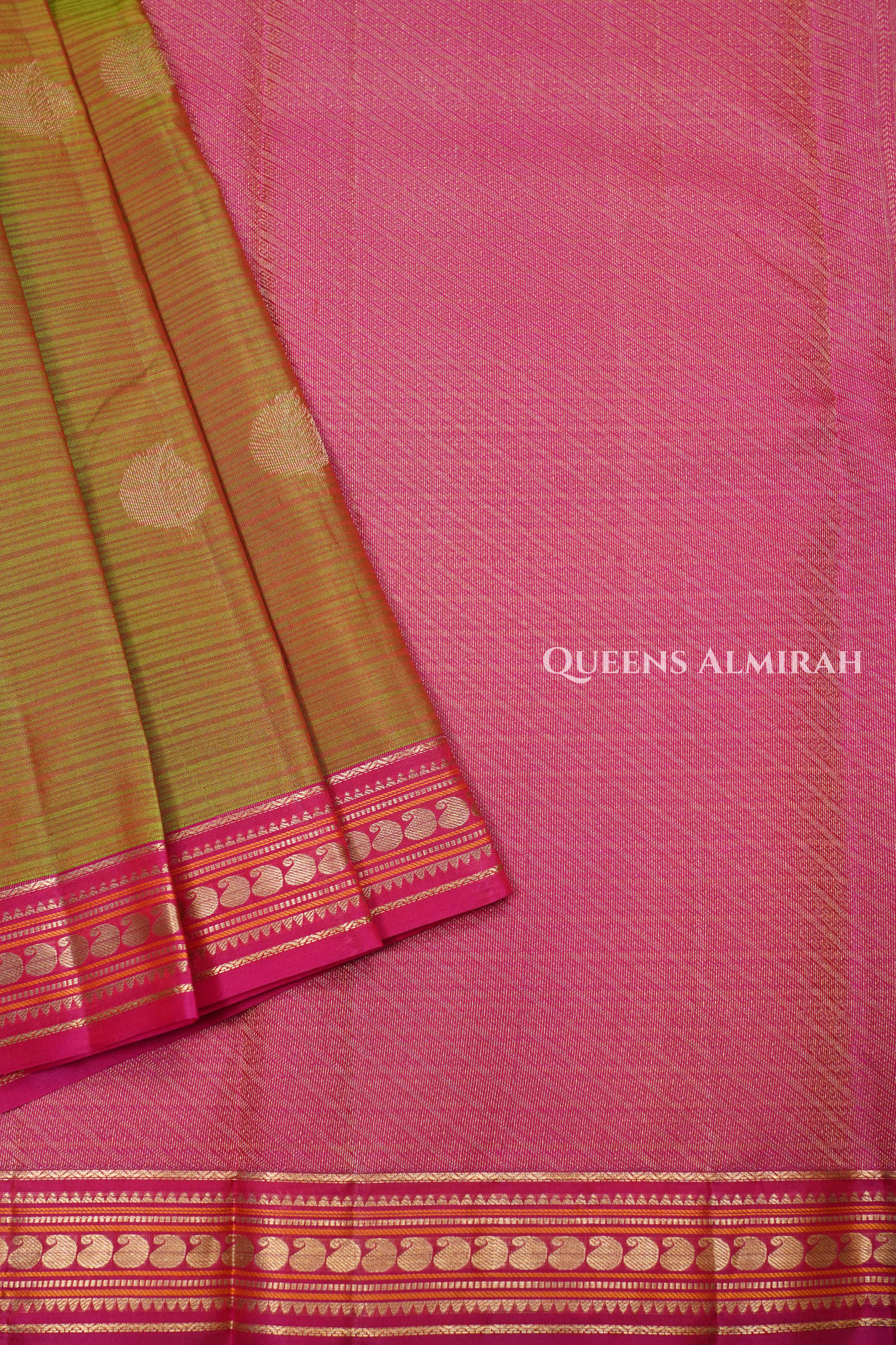 Mustard Yellow With Pink Pure kanchivaram Silk Saree